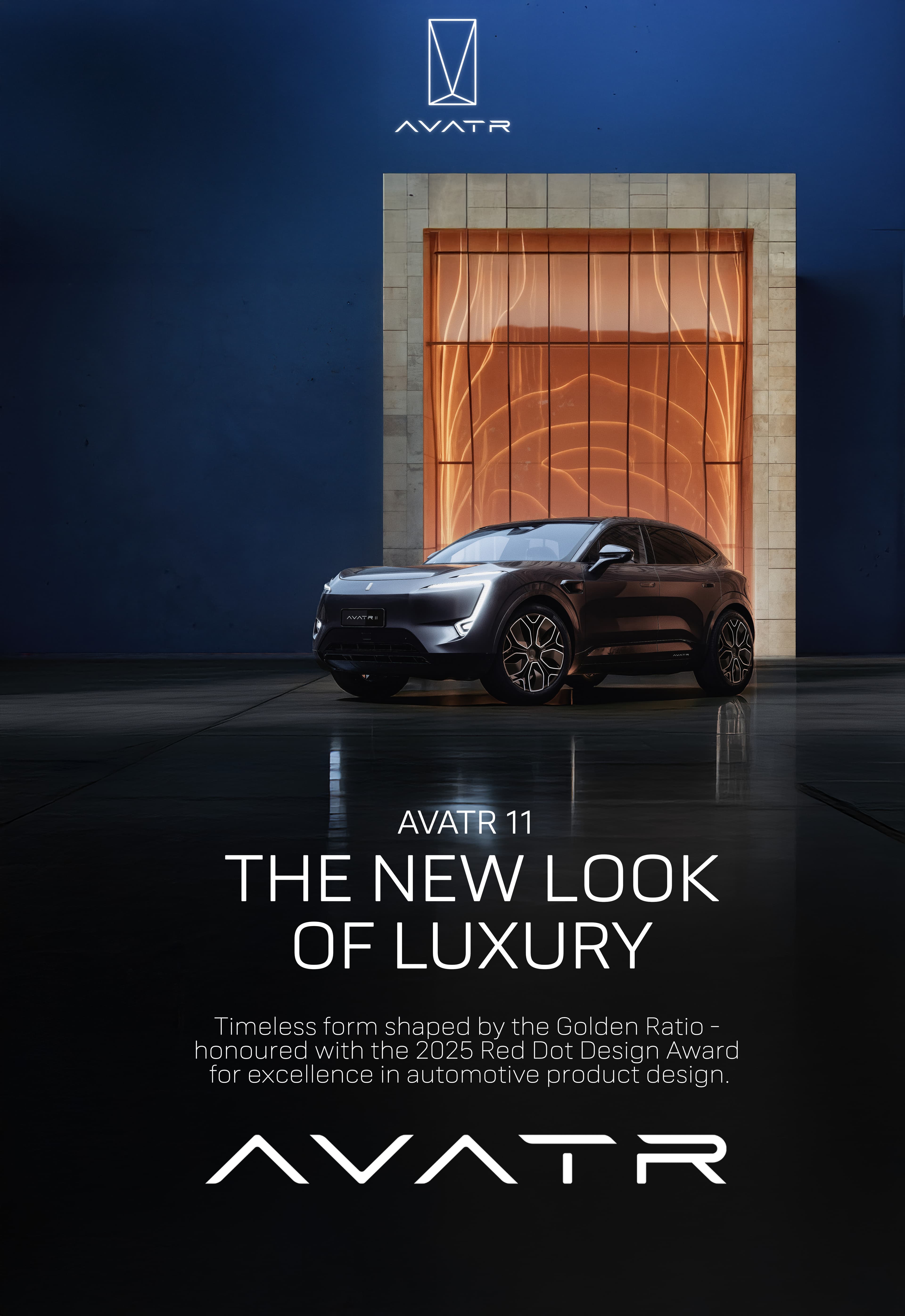 AVATR 11 poster: black SUV in a dark hall before an amber-lit arched doorway, 'The New Look of Luxury'