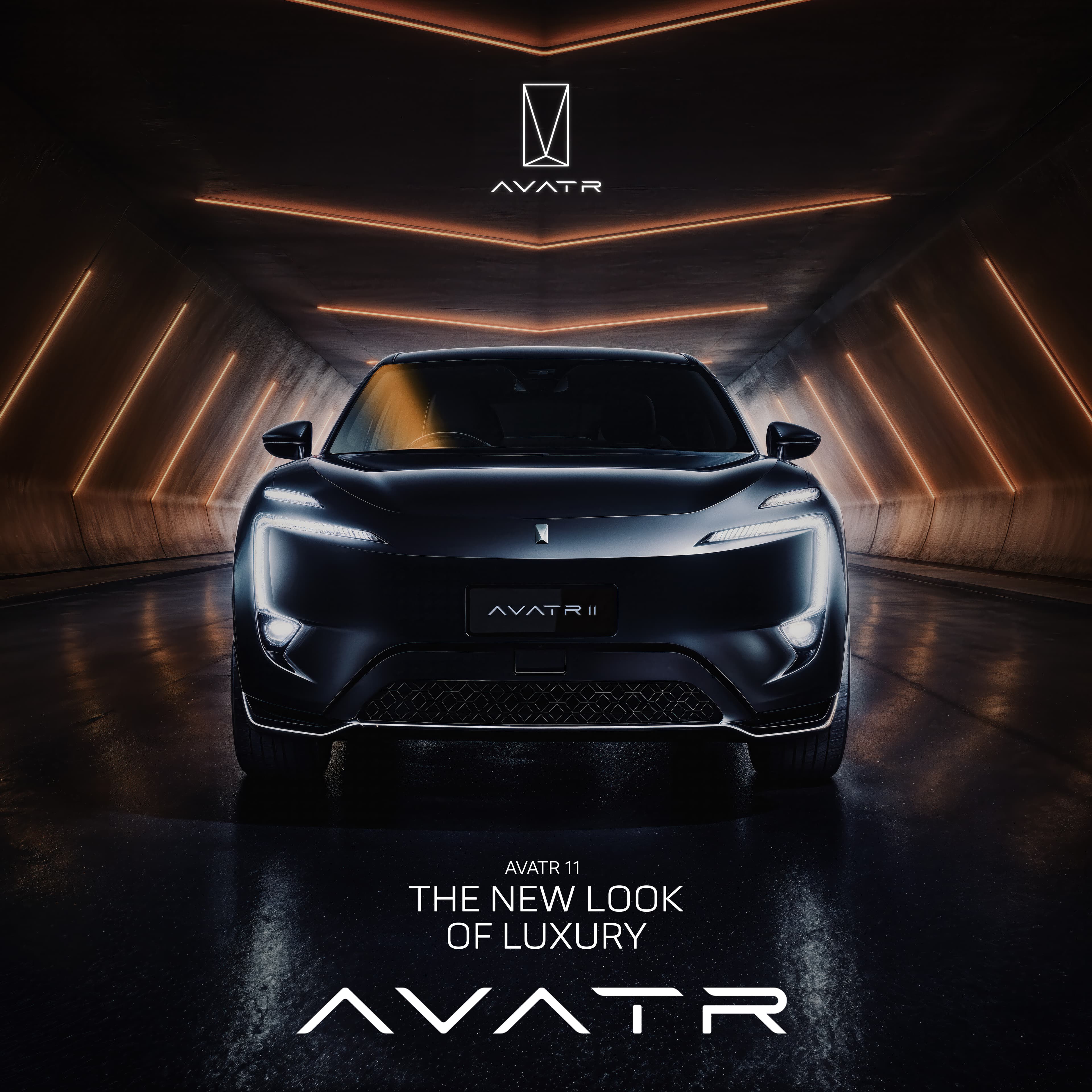 AVATR 11 head-on in a dark tunnel lined with amber light strips