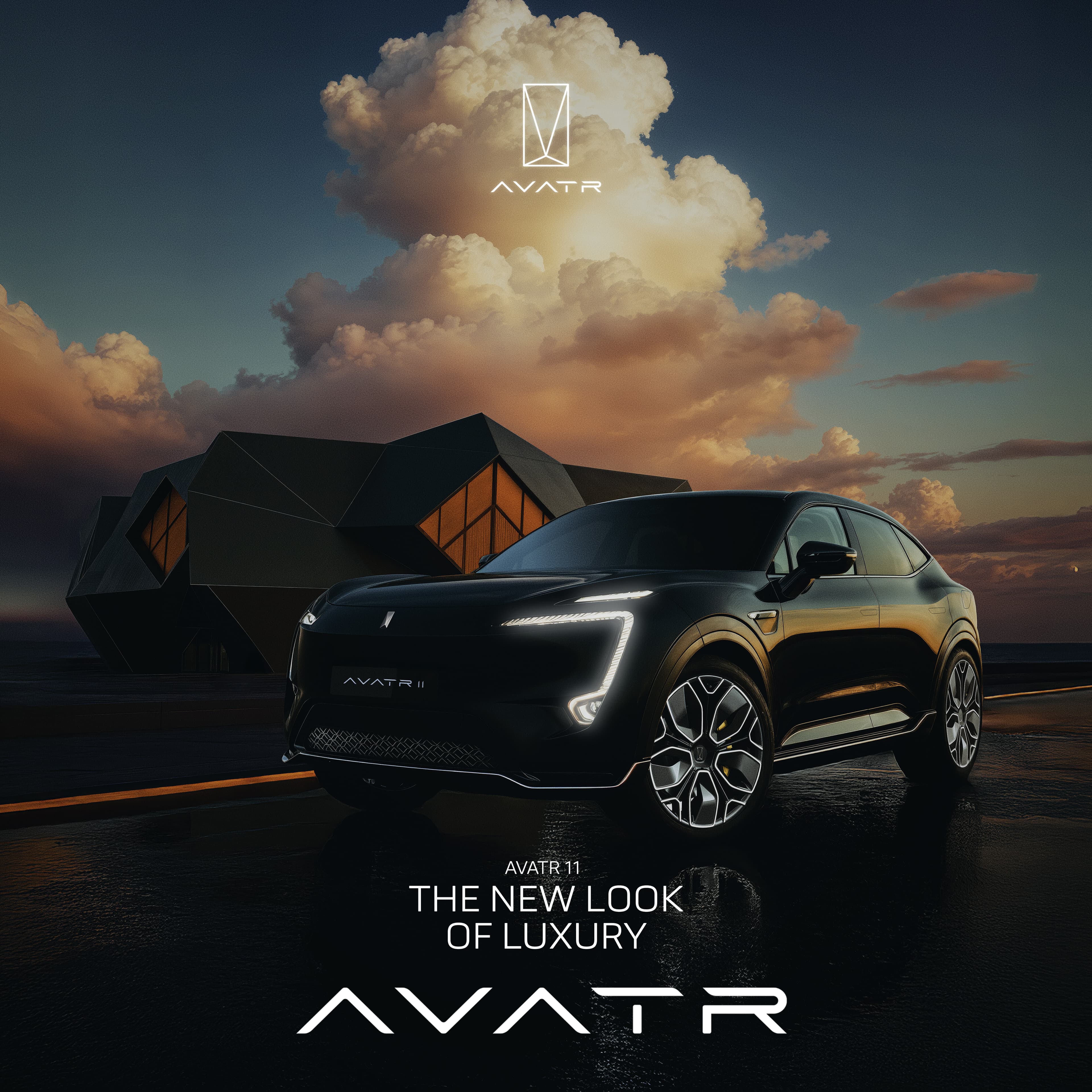 AVATR 11 on a coastal road at dusk beneath towering cloud, angular pavilion behind