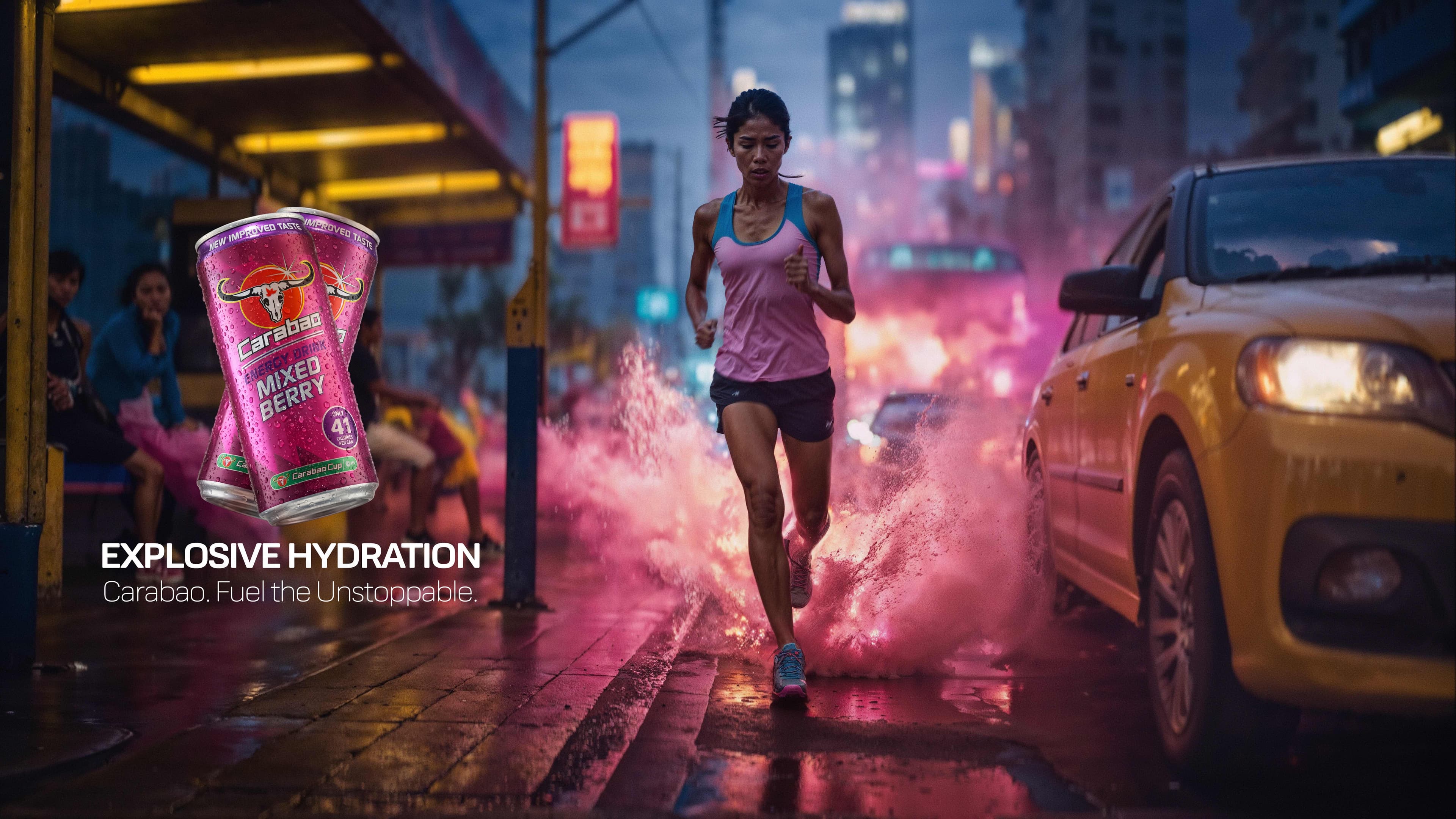 Carabao energy drink key visual: runner sprinting through a burst of neon pink smoke on a wet city street