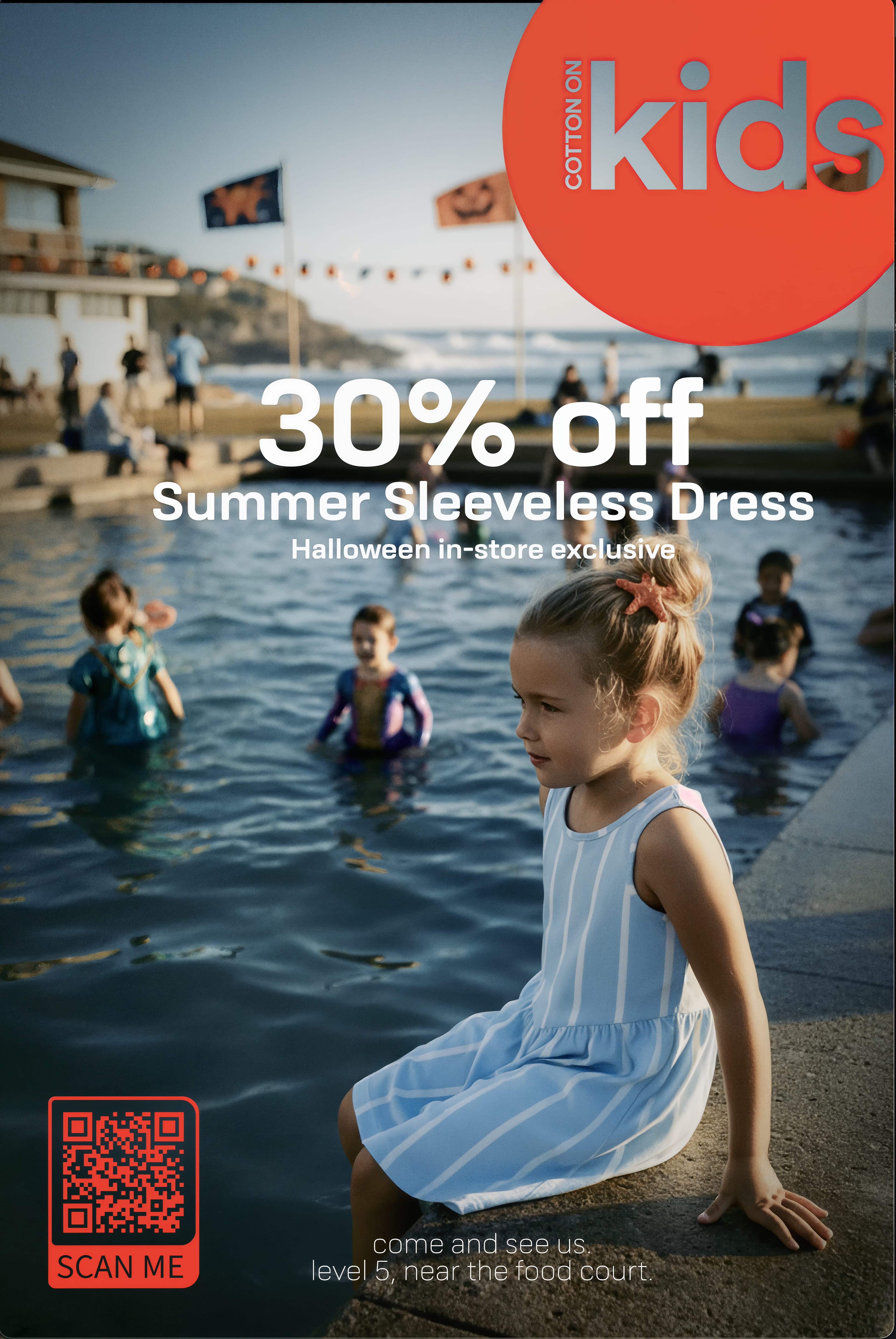Cotton On Kids promo: girl in a blue striped dress beside an ocean pool, 30% off Summer Sleeveless Dress