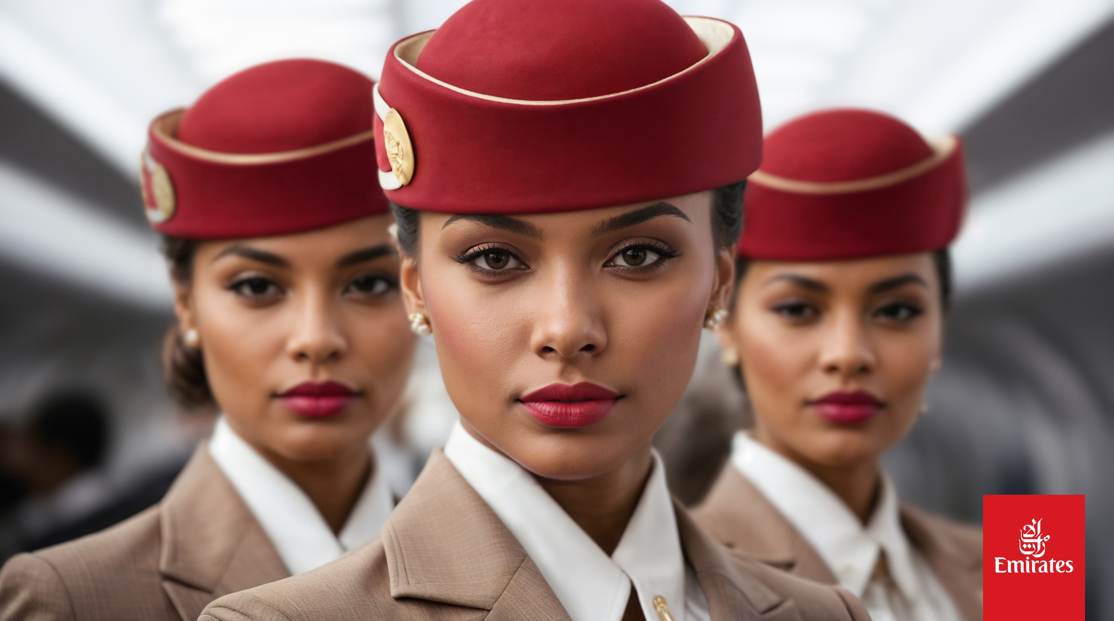 Three Emirates cabin crew in red caps and tan uniforms aboard an aircraft