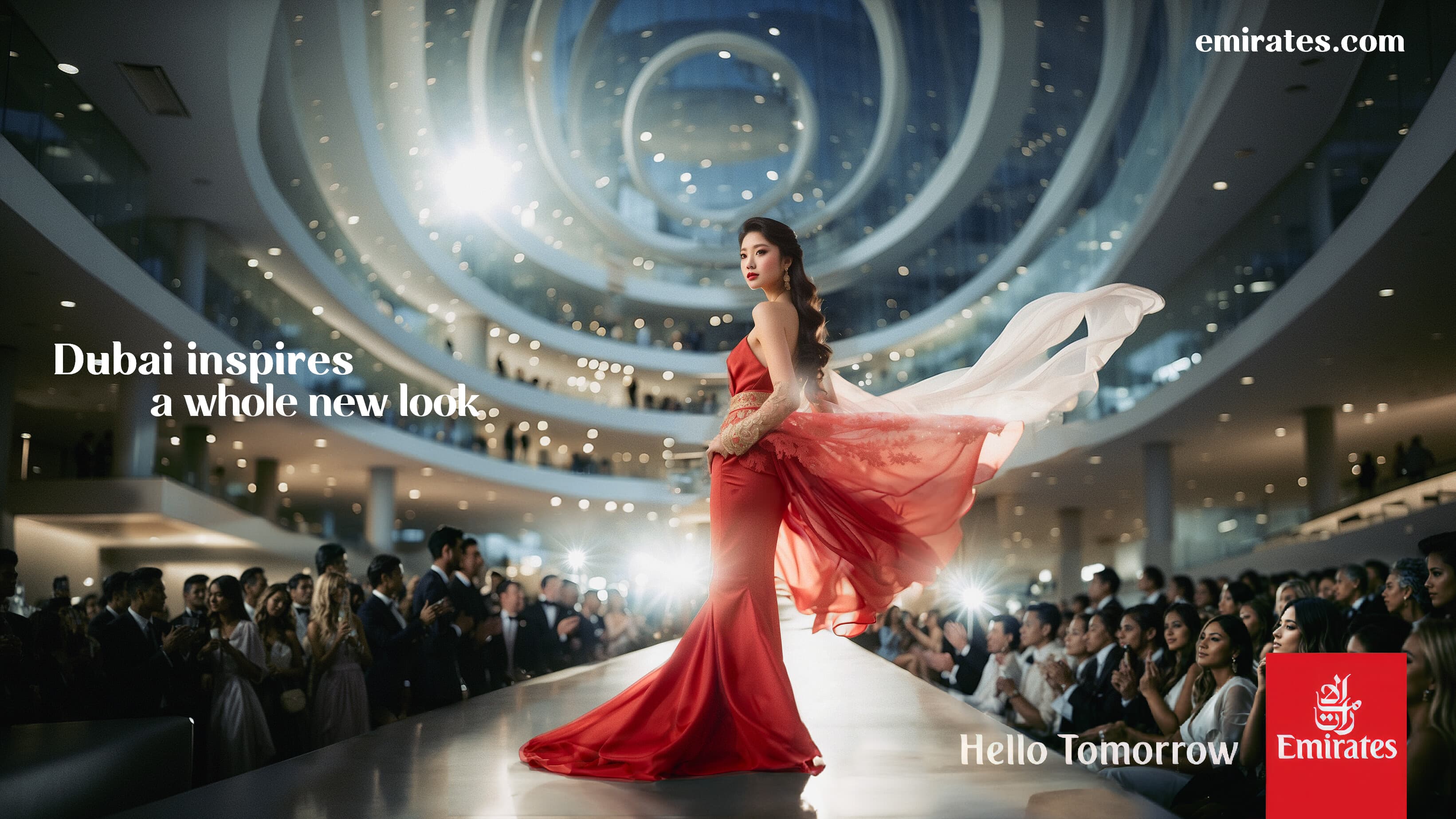 Emirates 'Hello Tomorrow': woman in a flowing red gown on a grand illuminated staircase