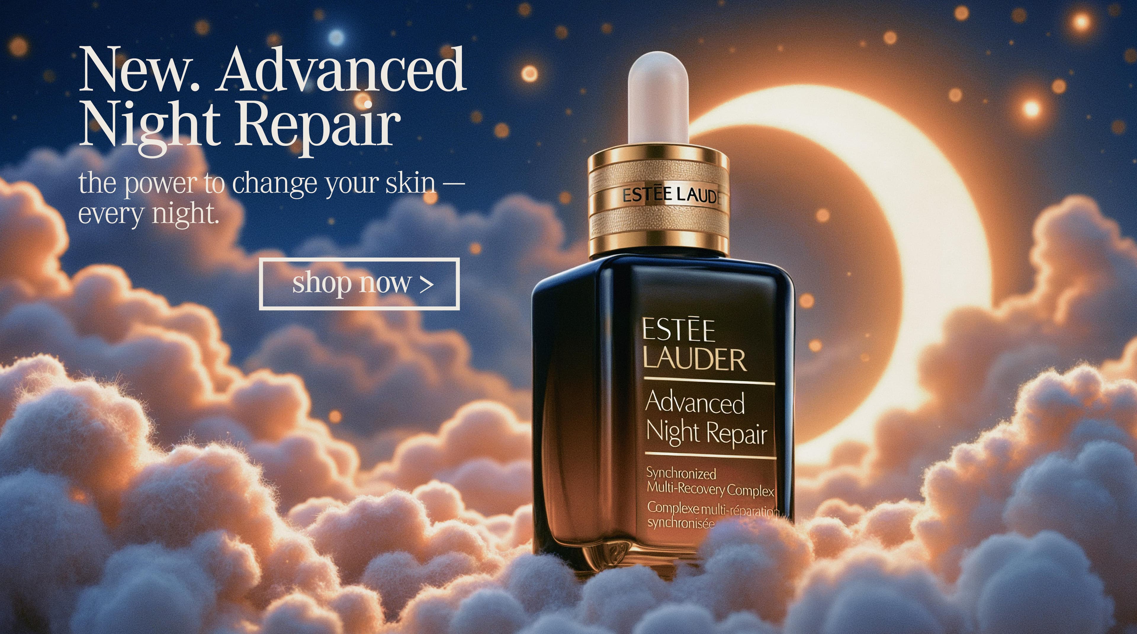 Estee Lauder Advanced Night Repair serum resting on cloud beneath a crescent moon