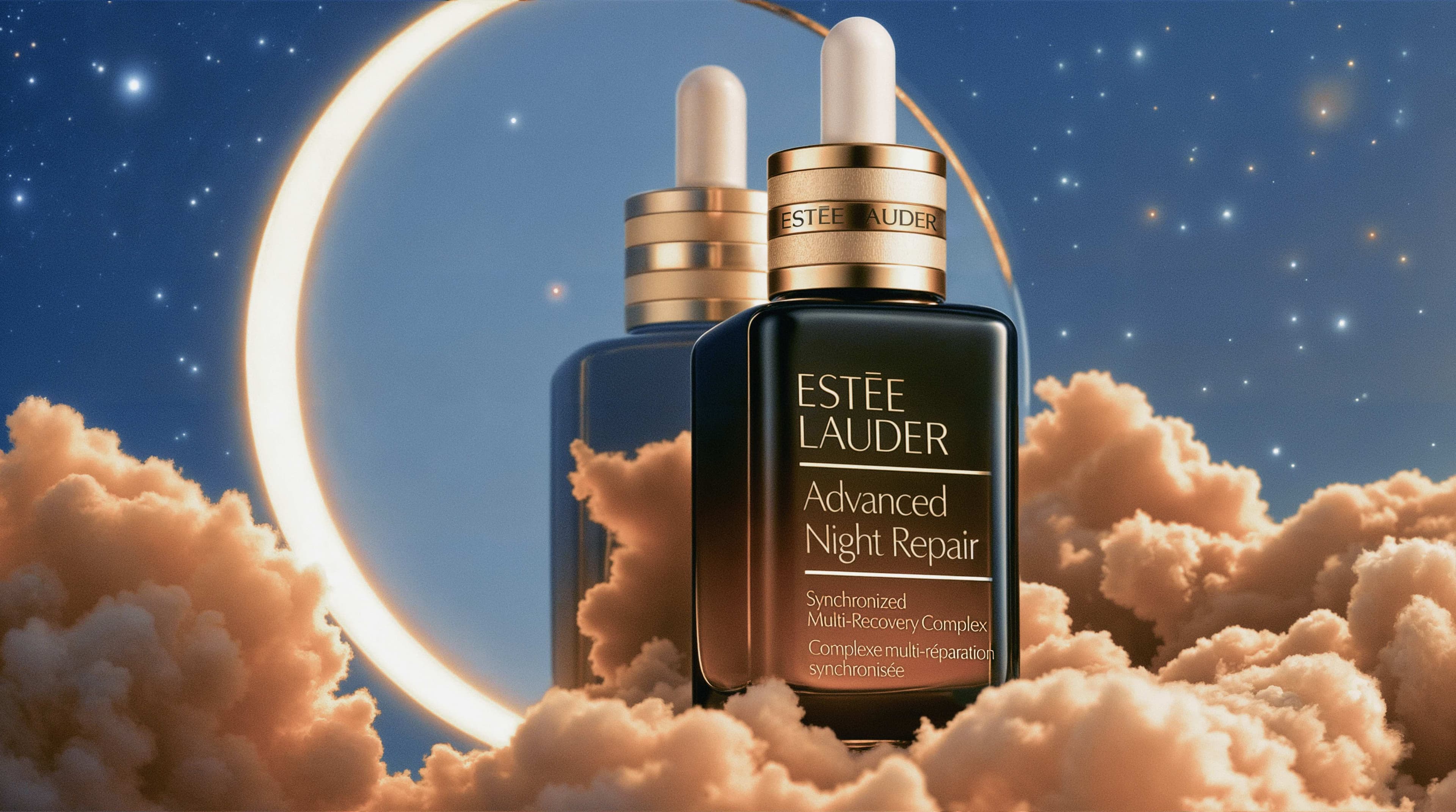 Two Estee Lauder Advanced Night Repair bottles on golden cloud inside a crescent moon