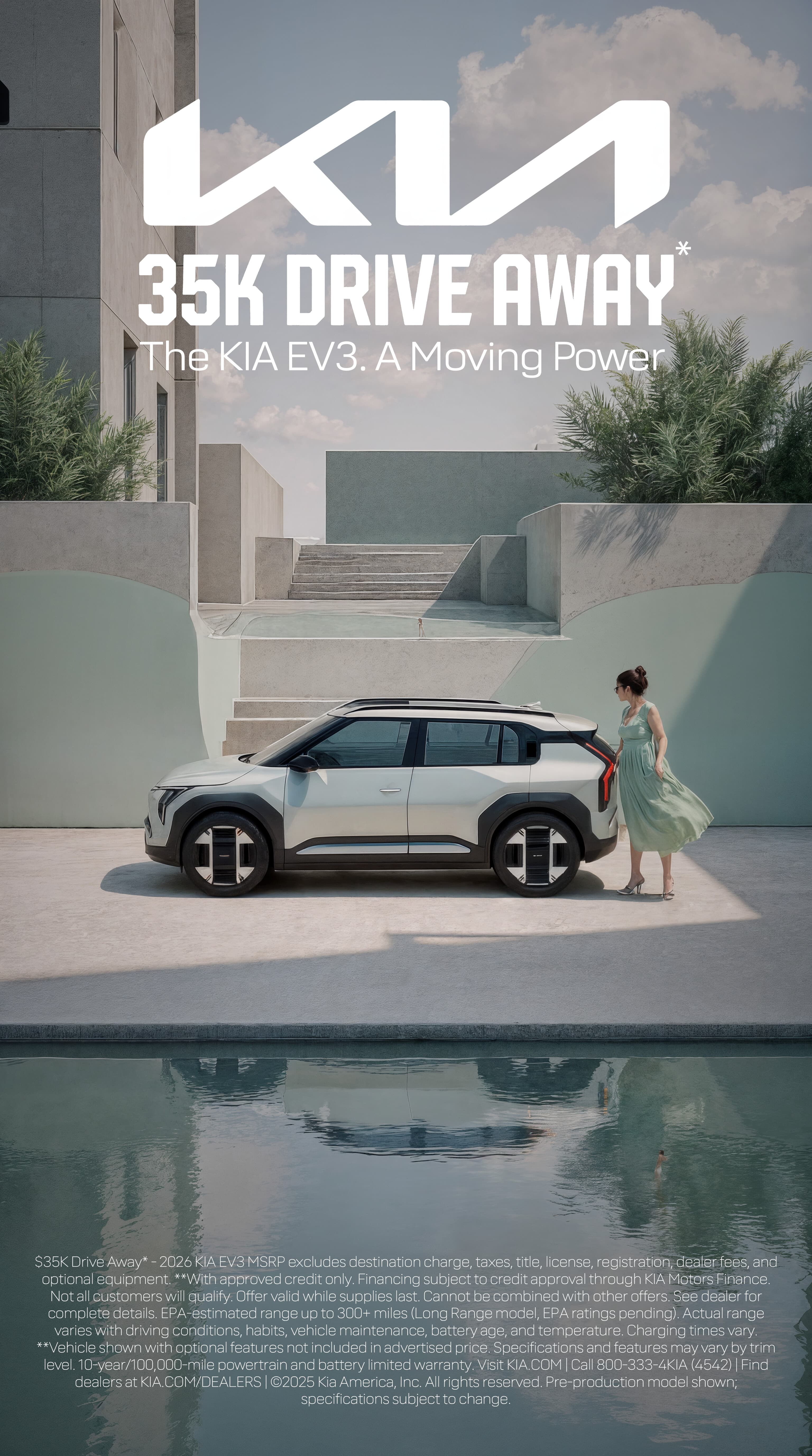 KIA EV3 poster: silver EV3 by concrete steps with a woman in a green dress, '35K Drive Away'