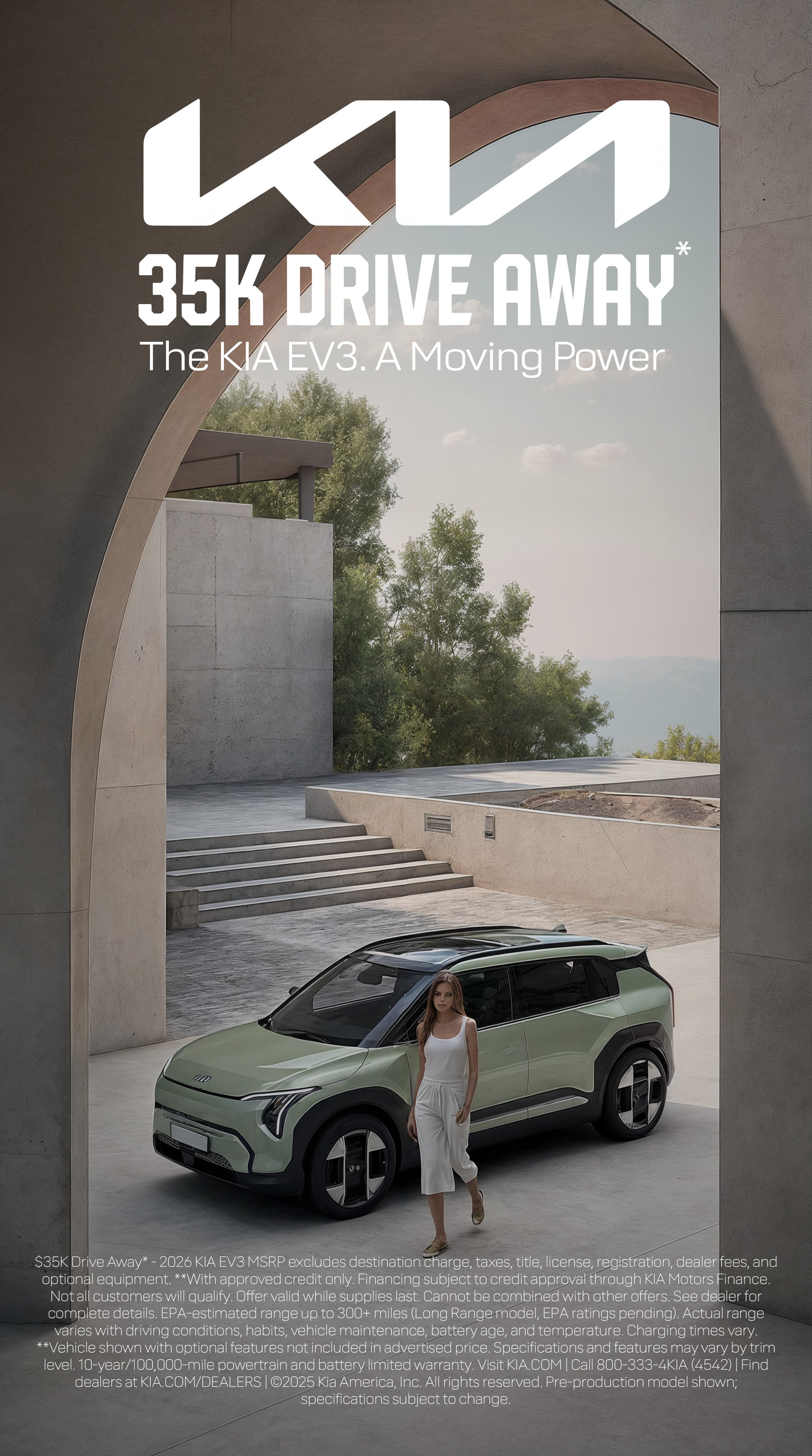 KIA EV3 poster: green EV3 in a concrete courtyard above the sea, woman walking toward it