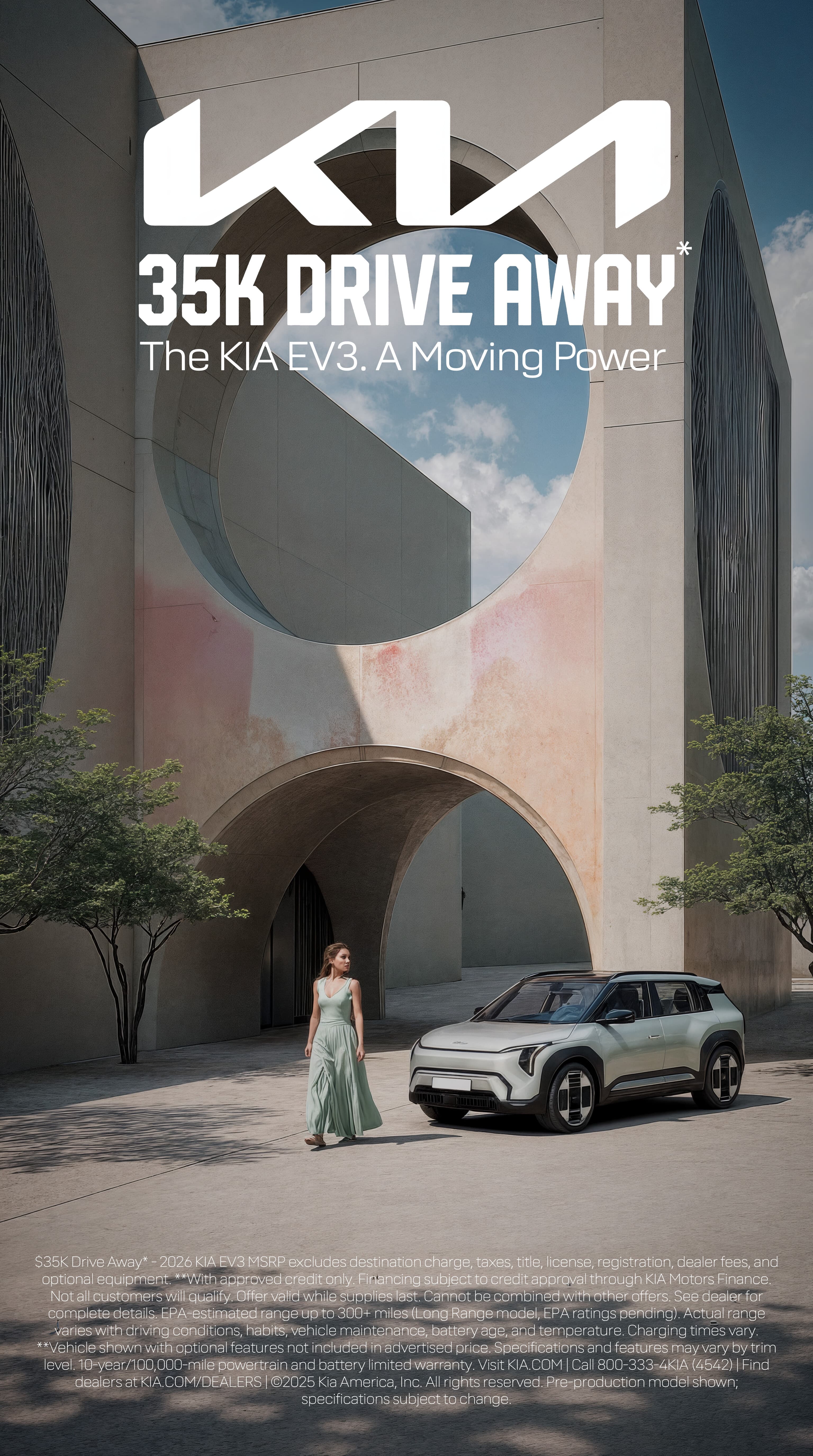 KIA EV3 poster: white EV3 beneath a curved concrete archway