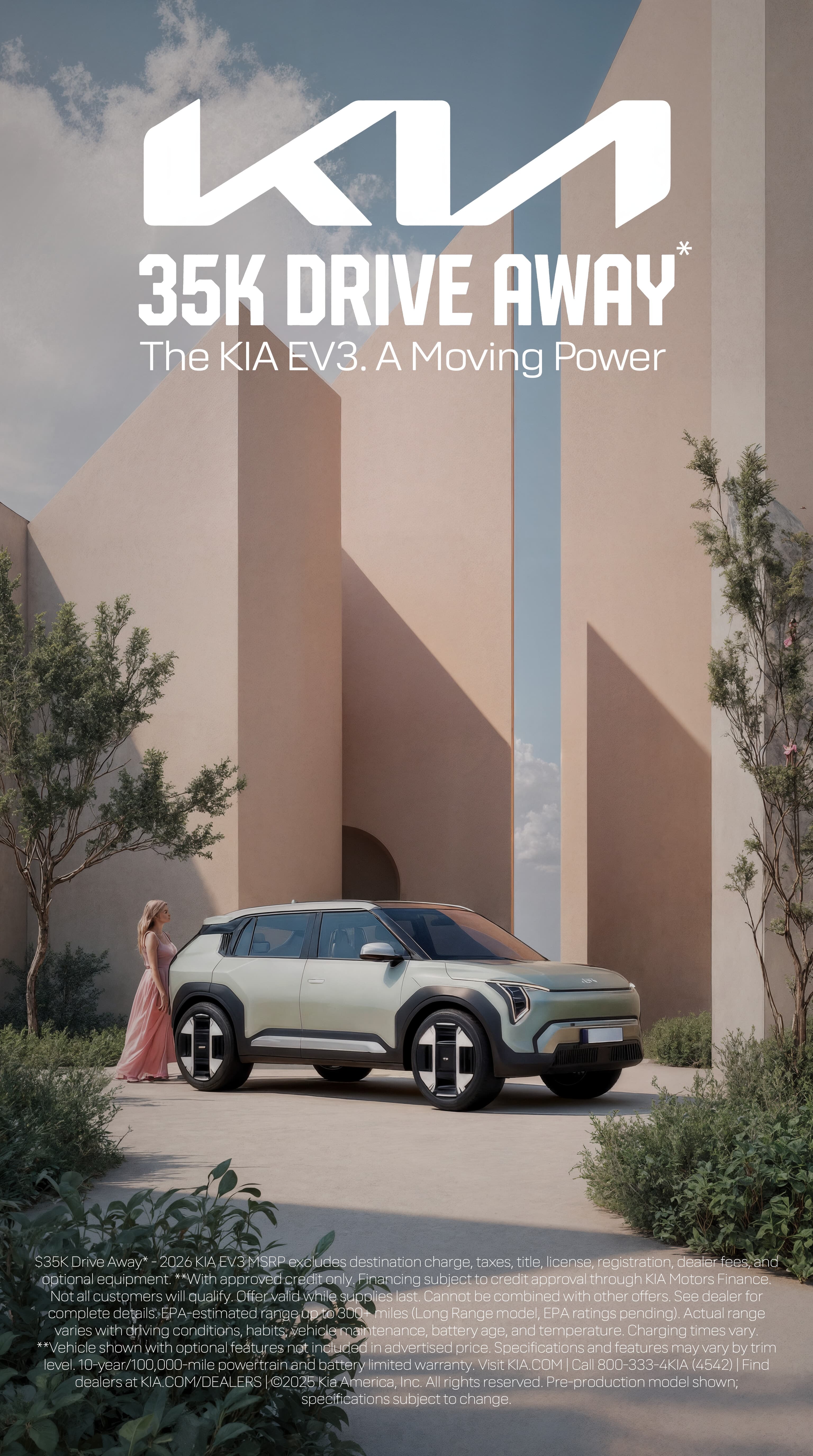 KIA EV3 poster: green EV3 among concrete walls and trees, woman in a pink dress