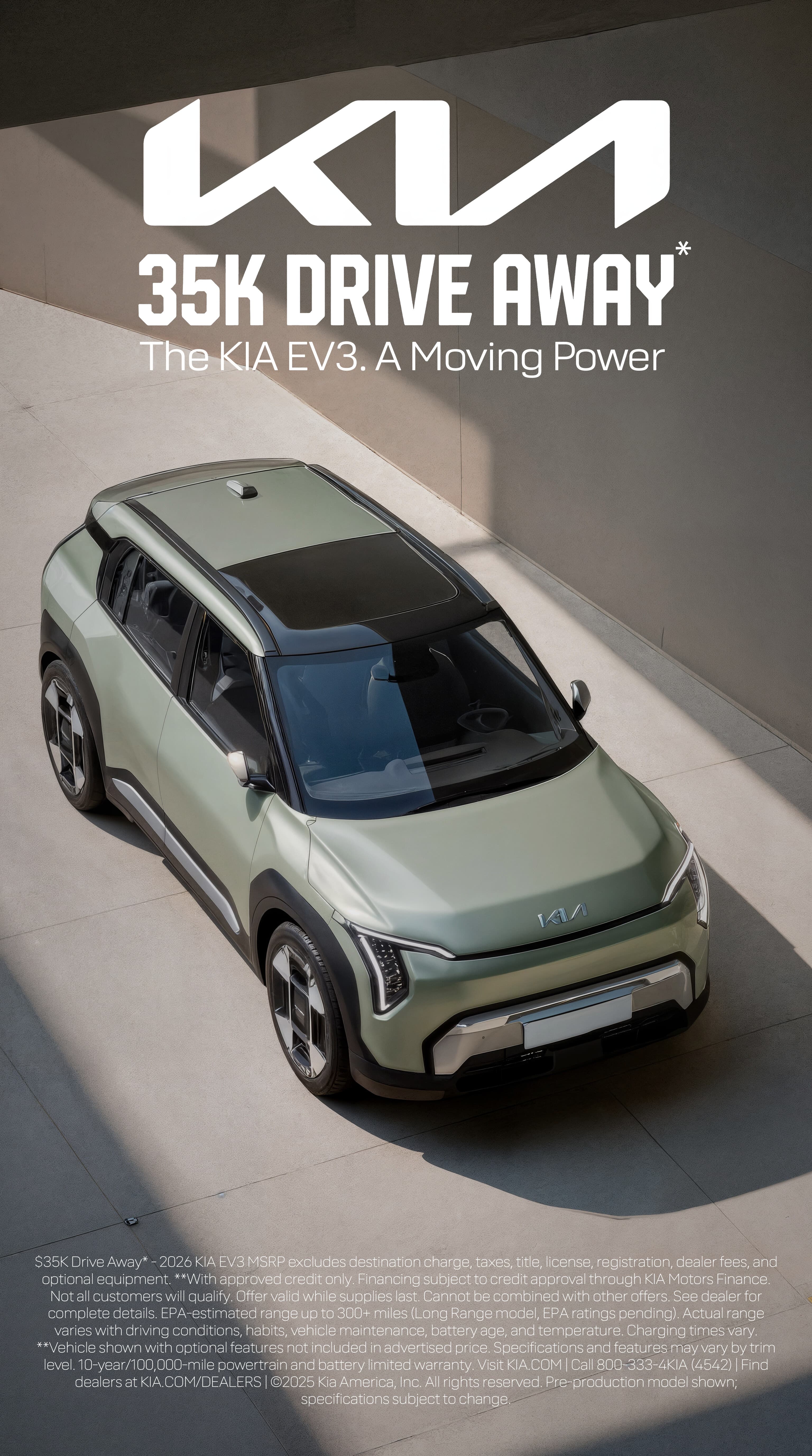 KIA EV3 poster: elevated front three-quarter of the green EV3 on pale concrete