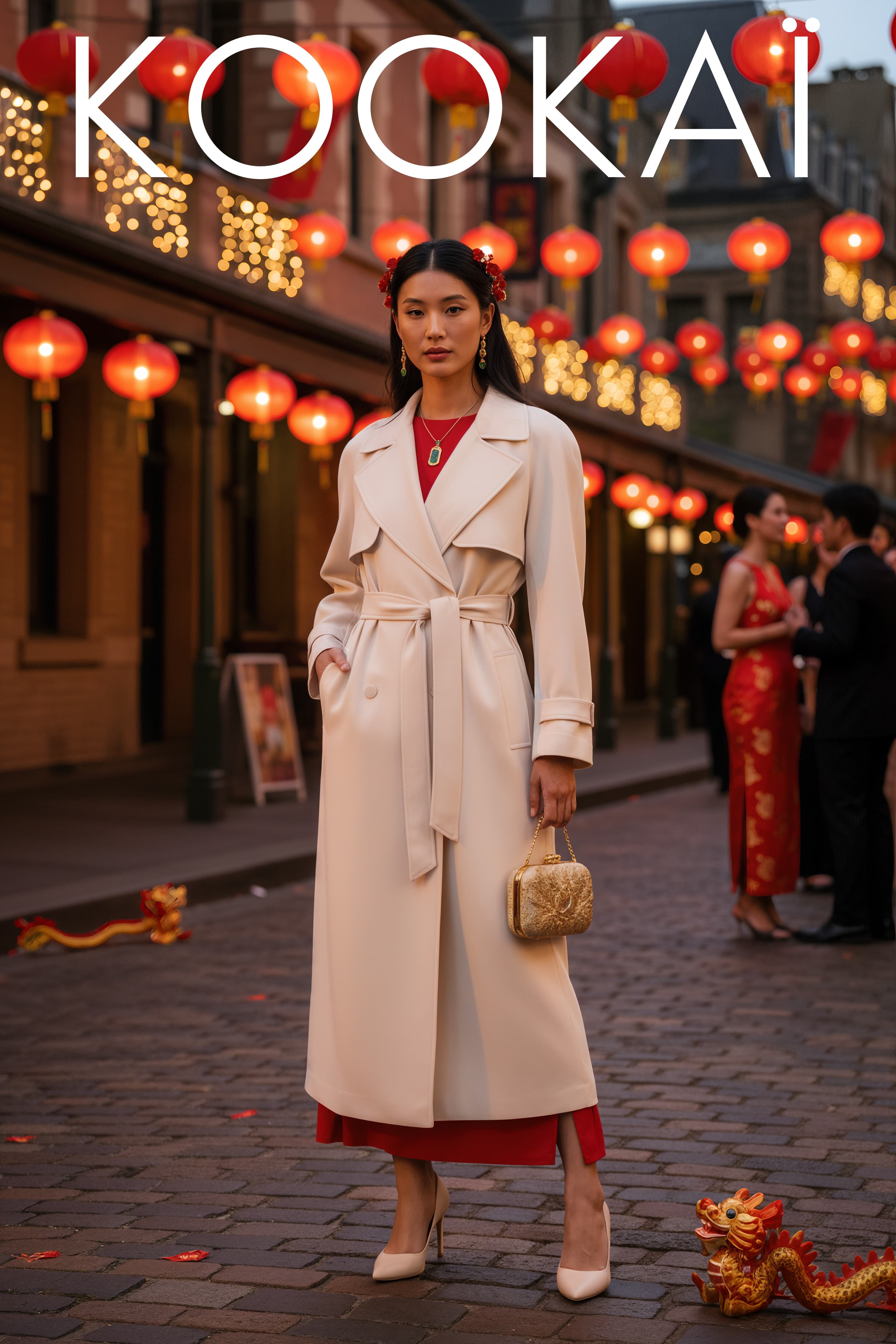 Kookai campaign: model in a cream trench coat on a laneway hung with red lanterns