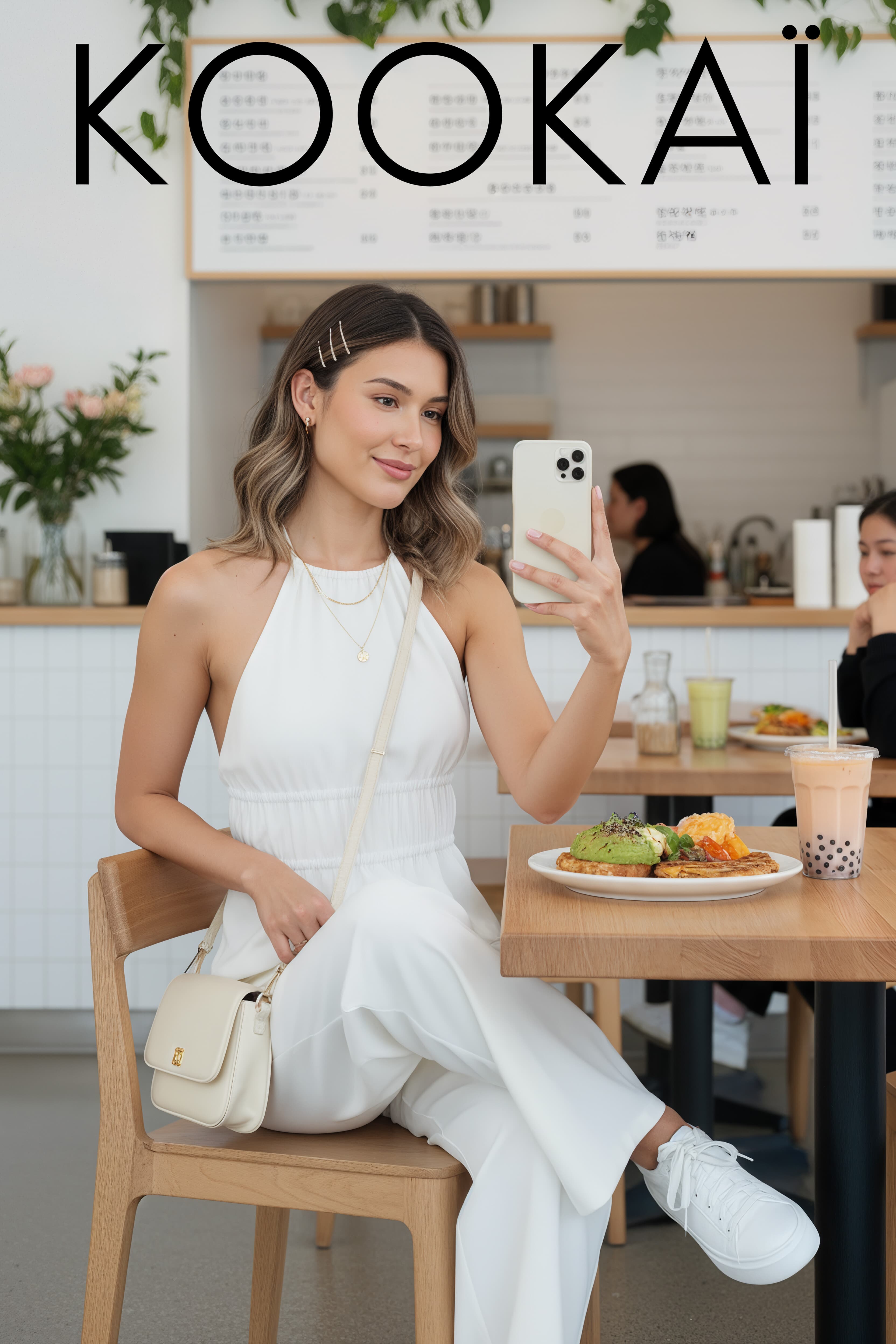 Kookai campaign: model in white taking a phone selfie in a bright cafe