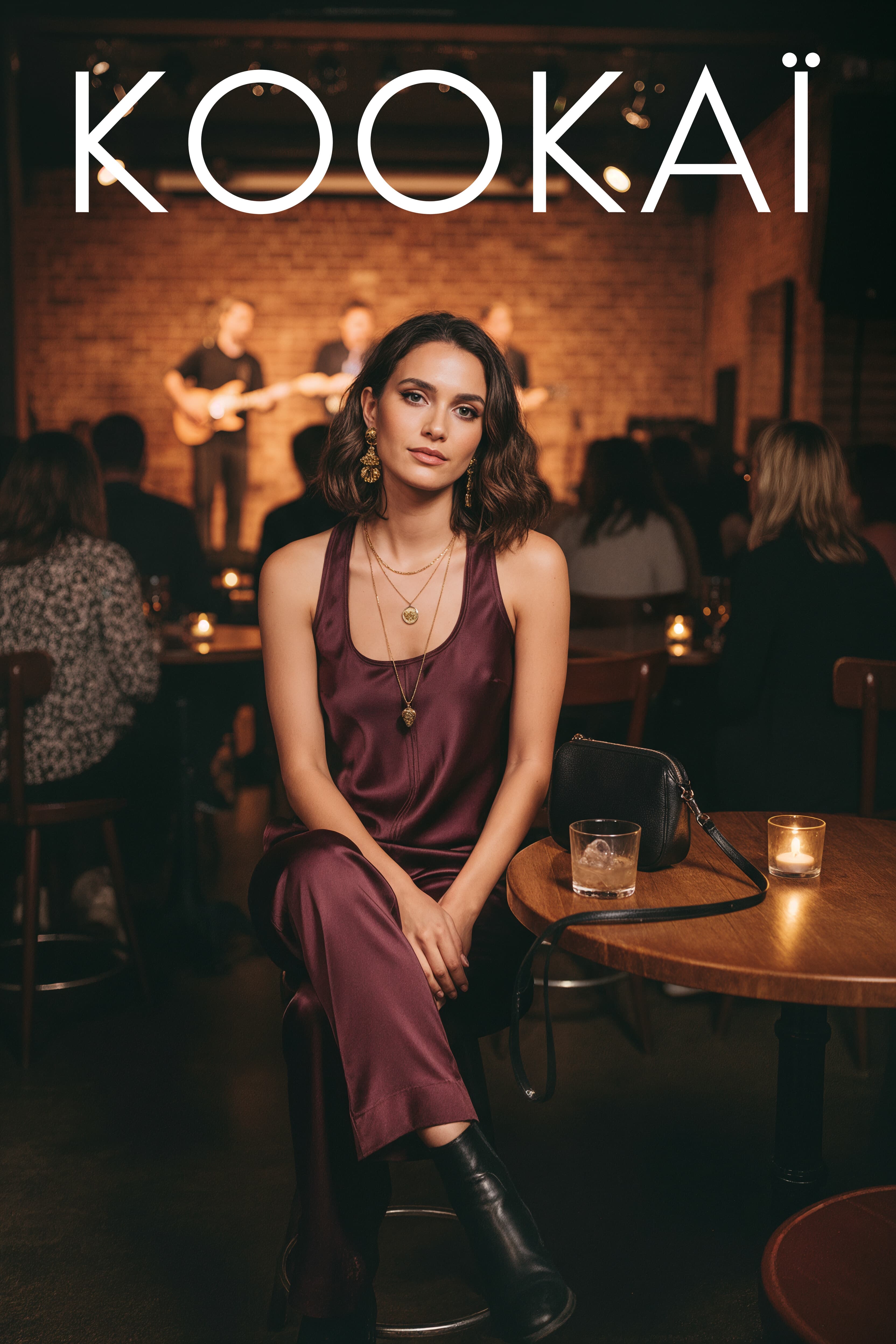 Kookai campaign: model in a plum satin slip dress seated in a bar, live band behind