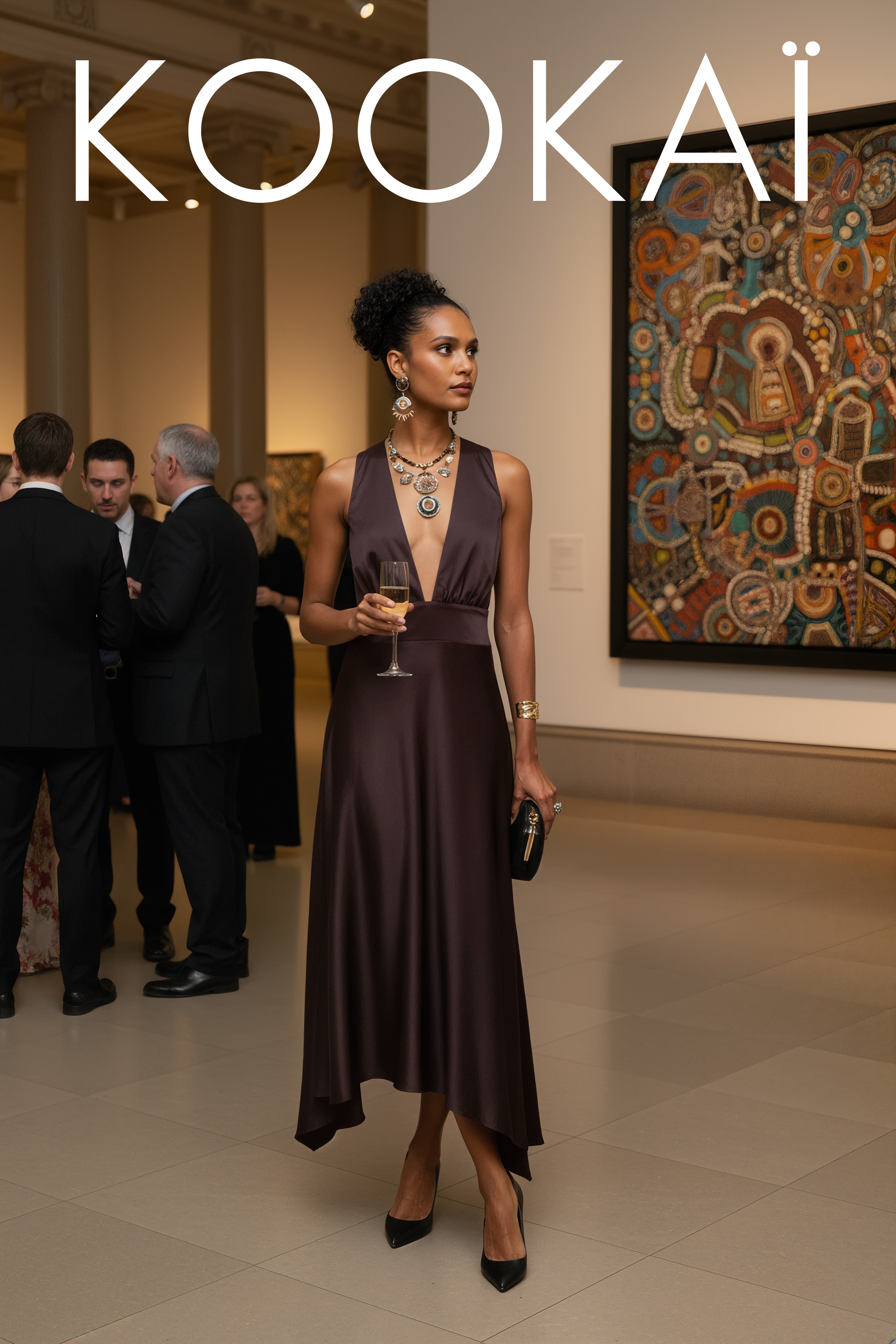 Kookai campaign: model in a bronze satin dress at a gallery opening, abstract painting behind