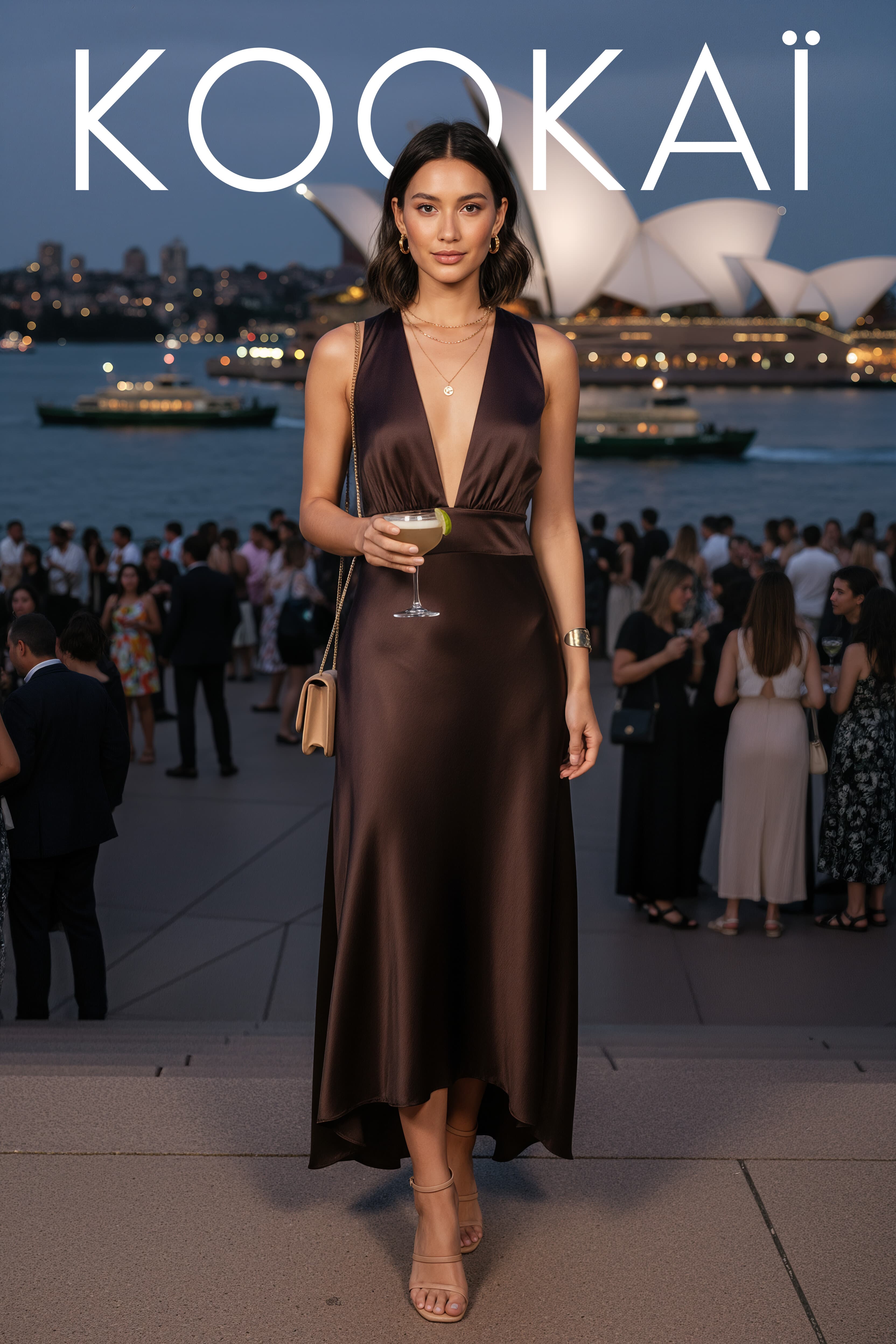 Kookai campaign: model in a bronze satin dress at a harbour event, Sydney Opera House behind