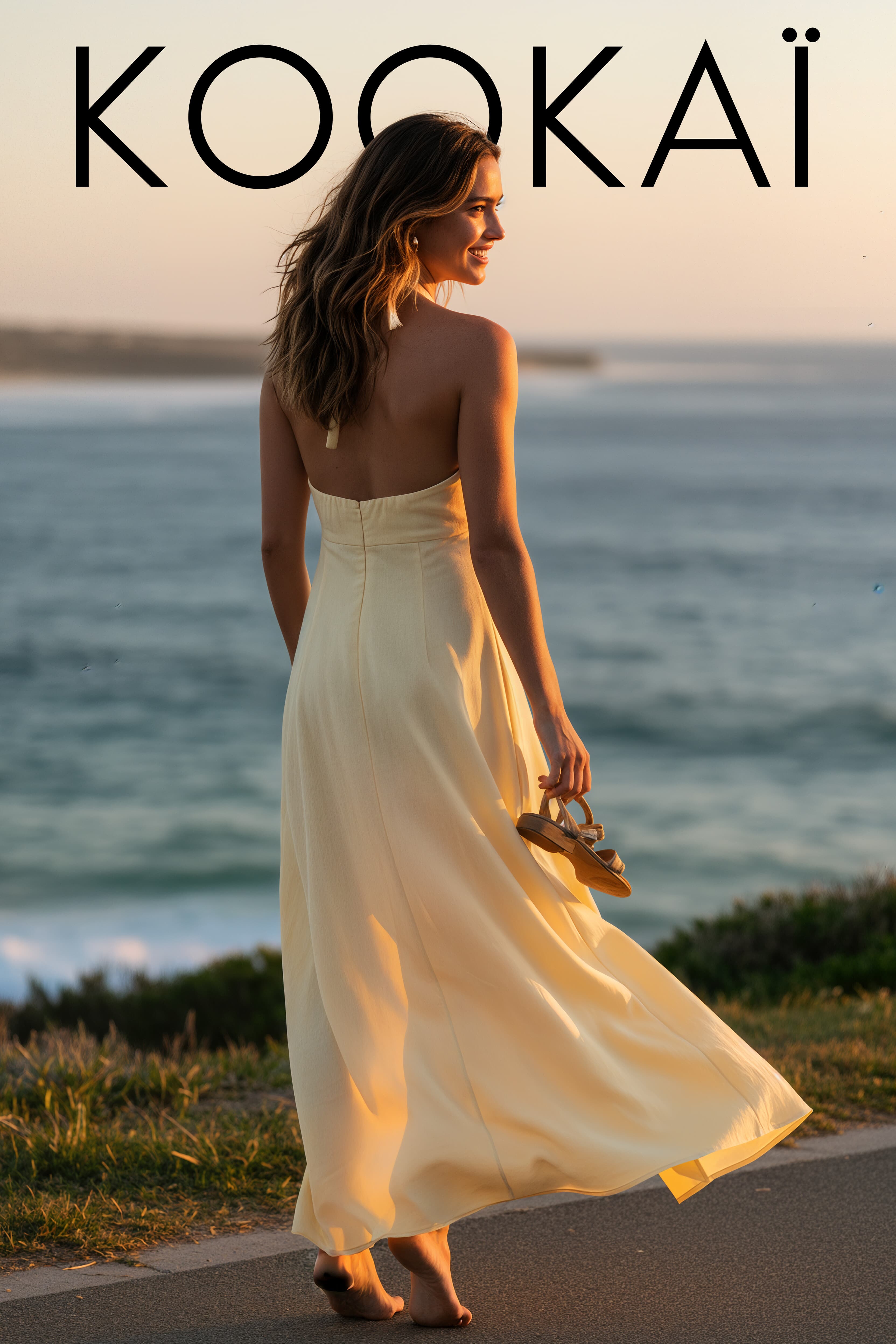 Kookai campaign: model in a pale yellow maxi dress on a coastal path at sunset, sandals in hand