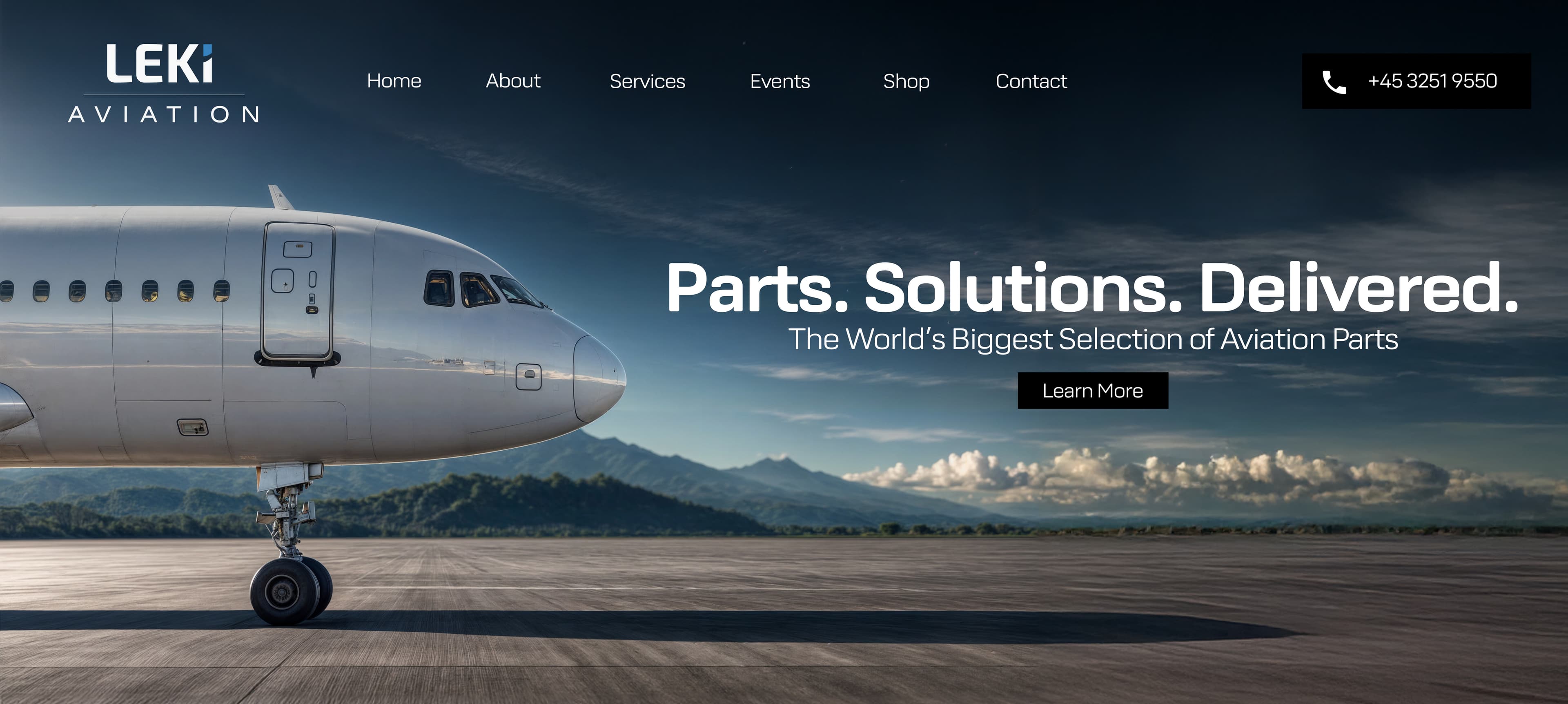 LEKI Aviation website hero: airliner on a runway with mountains behind, 'Parts. Solutions. Delivered.'