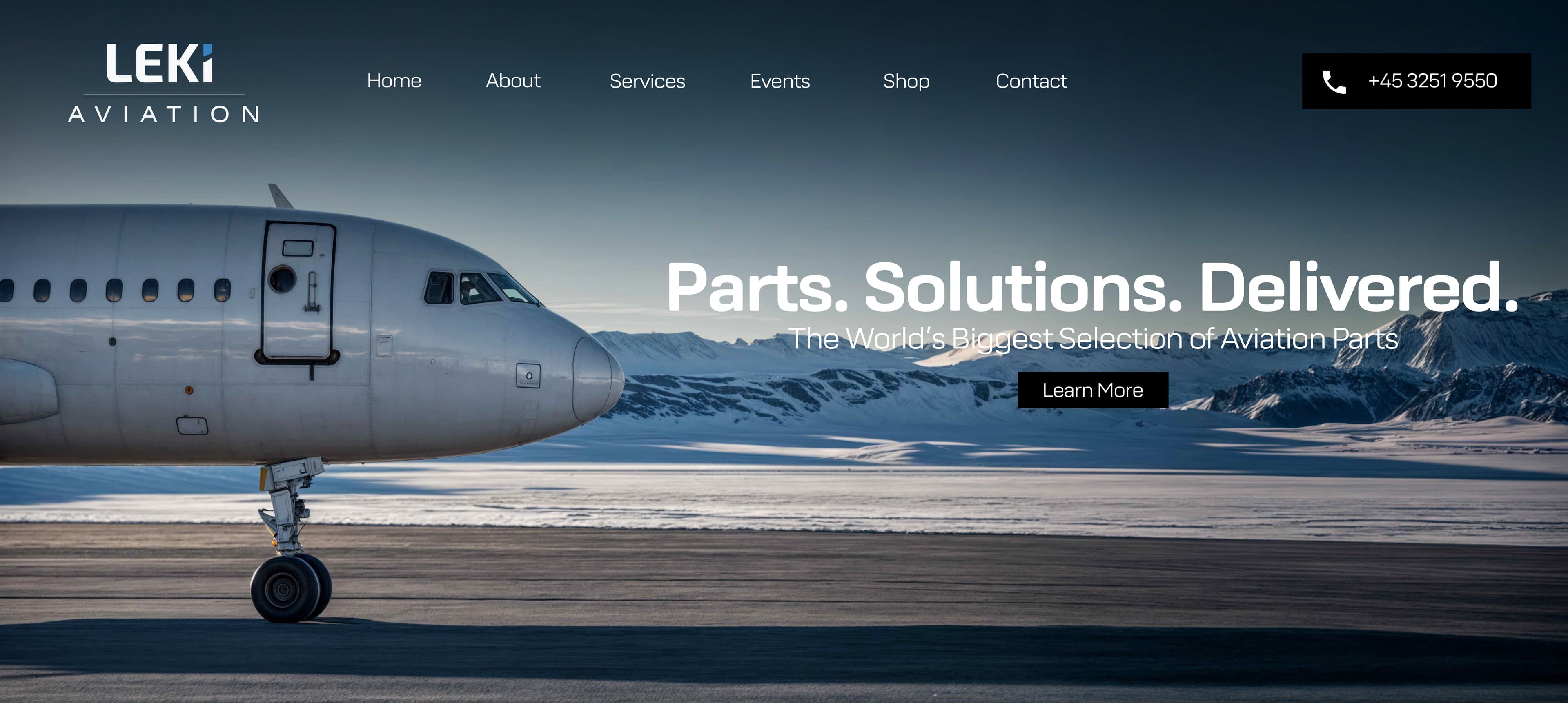 LEKI Aviation website hero: airliner lifting off over a coastal runway