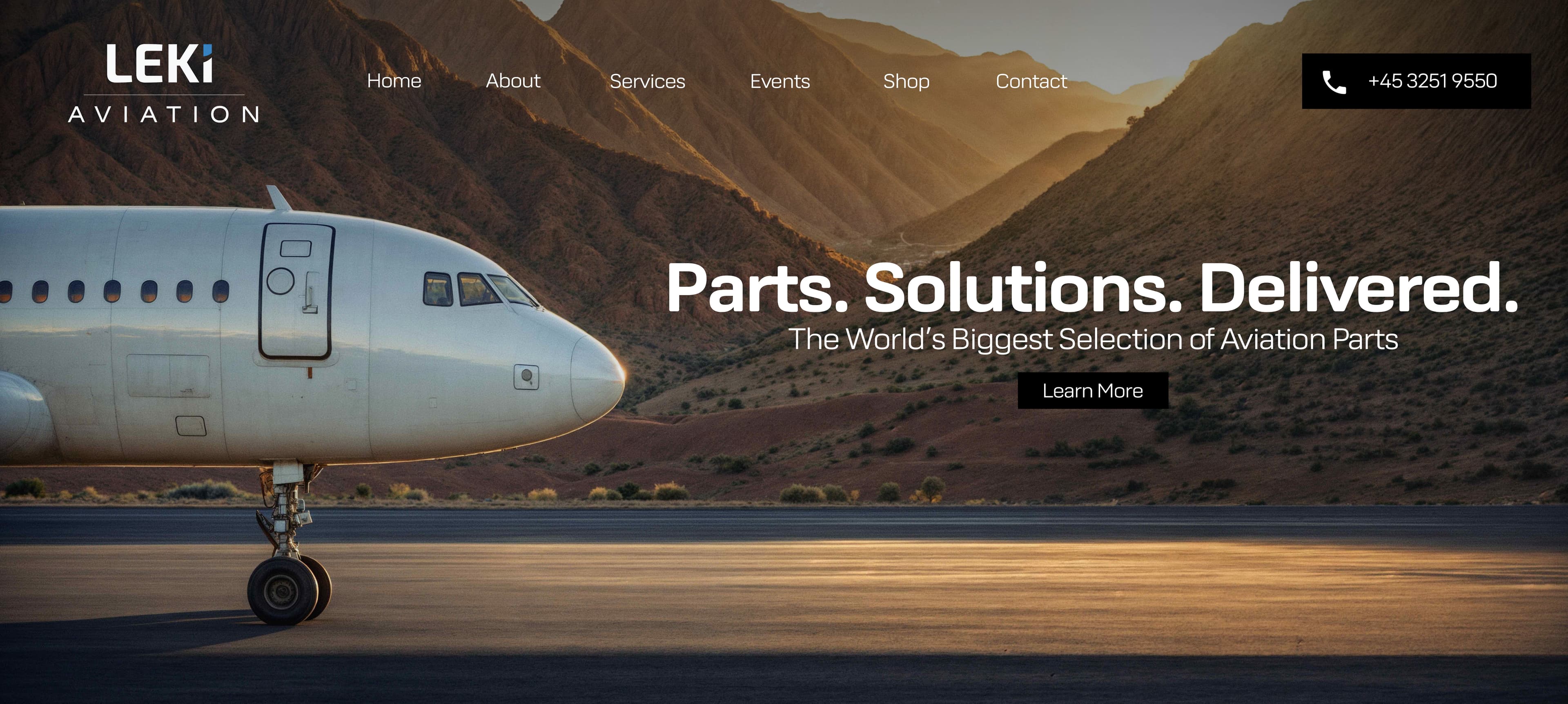 LEKI Aviation website hero: airliner nose-on on a desert runway at dusk