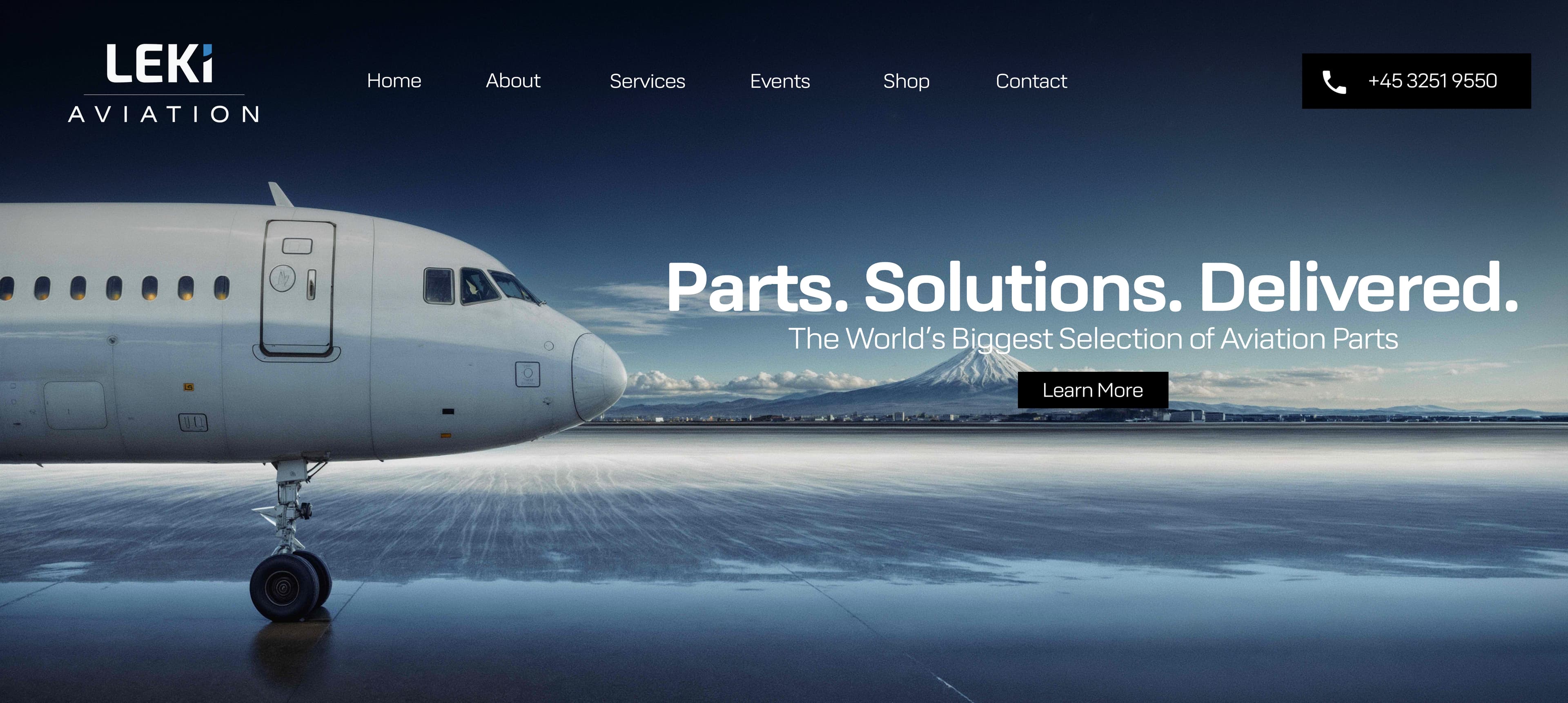 LEKI Aviation website hero: airliner on a snow-lined runway in winter light