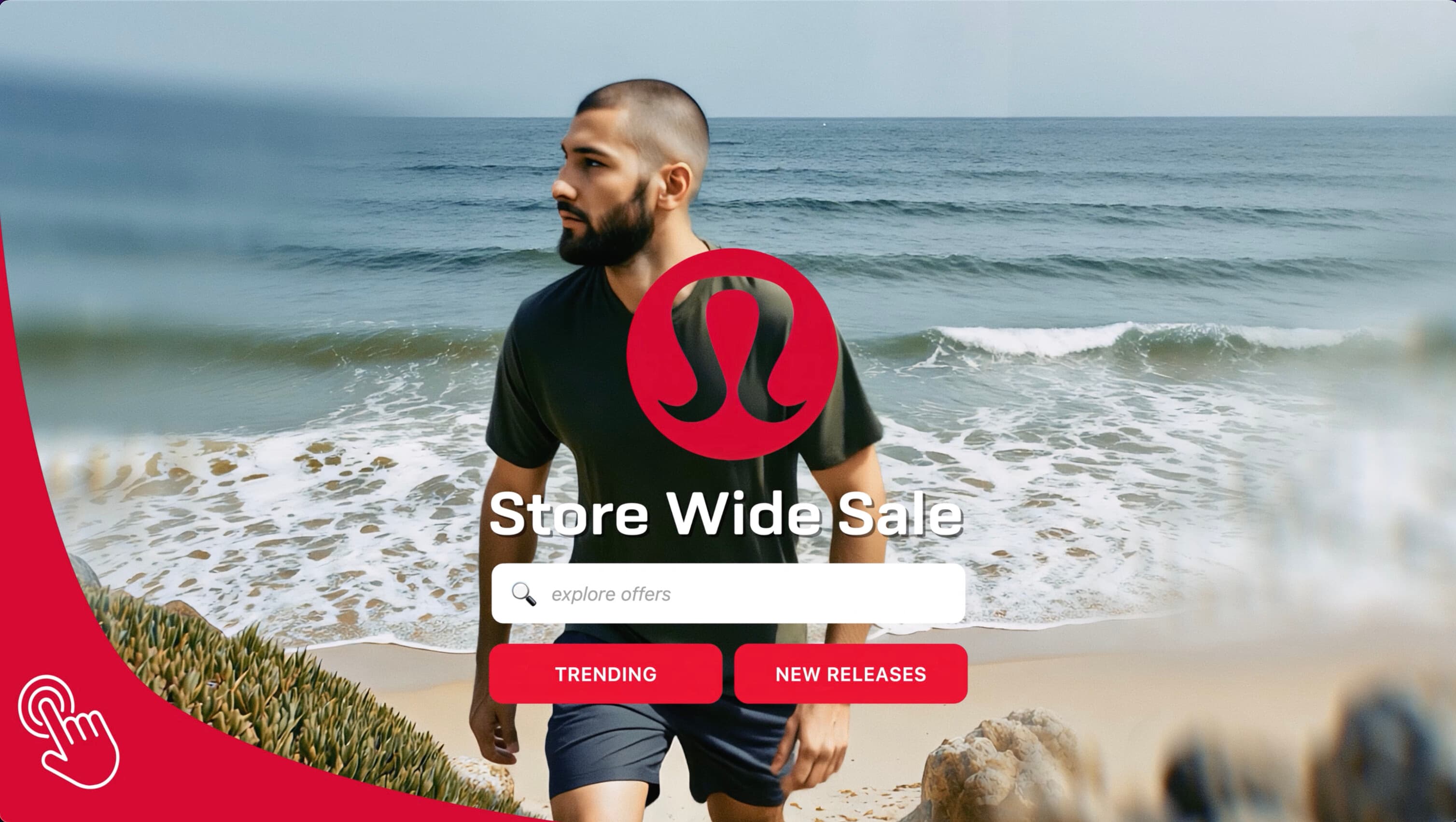 lululemon store-wide sale banner: man at the shoreline on a beach