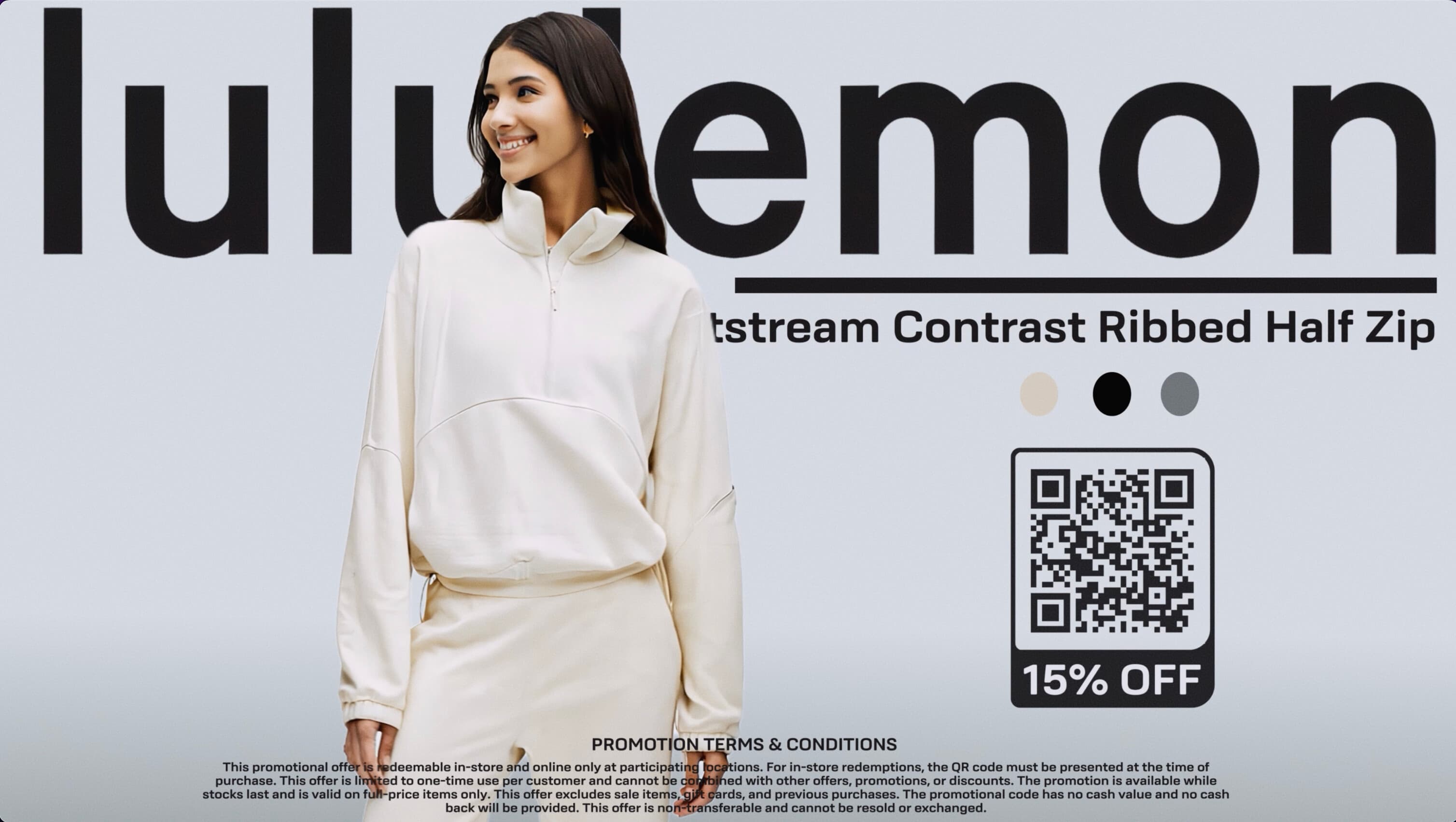 lululemon Airstream Contrast Ribbed Half Zip promo: woman in a cream half-zip