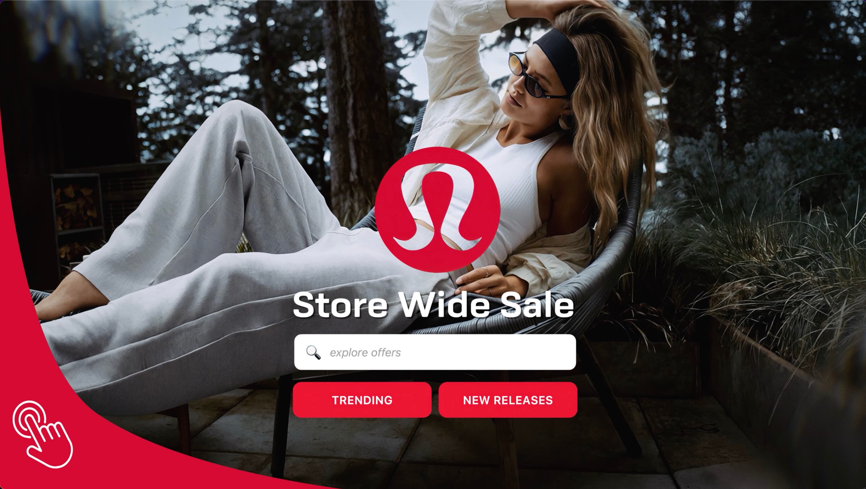 lululemon store-wide sale banner: woman in white reclining on an outdoor lounger