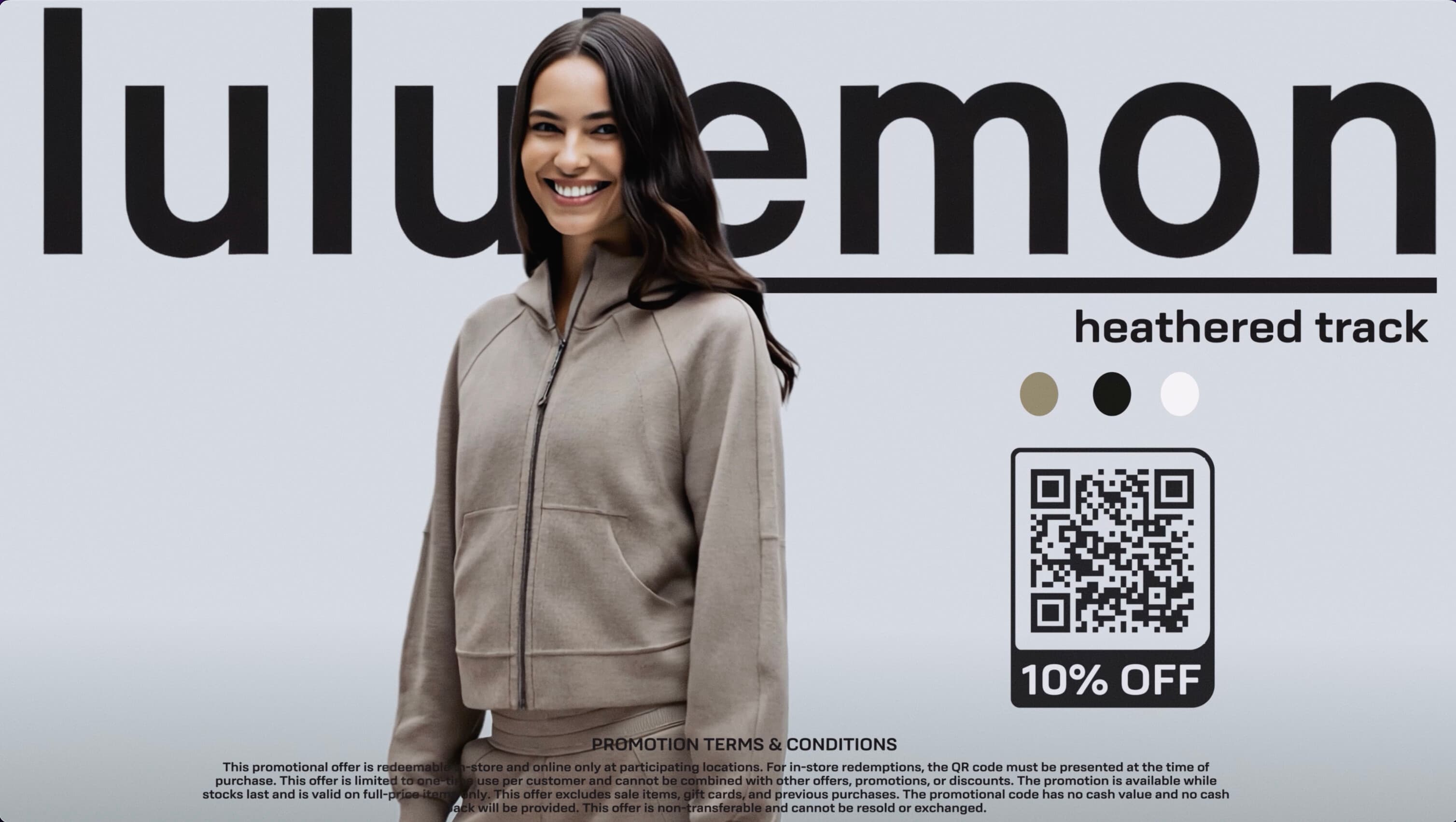 lululemon heathered track promo: woman in a grey zip-through jacket