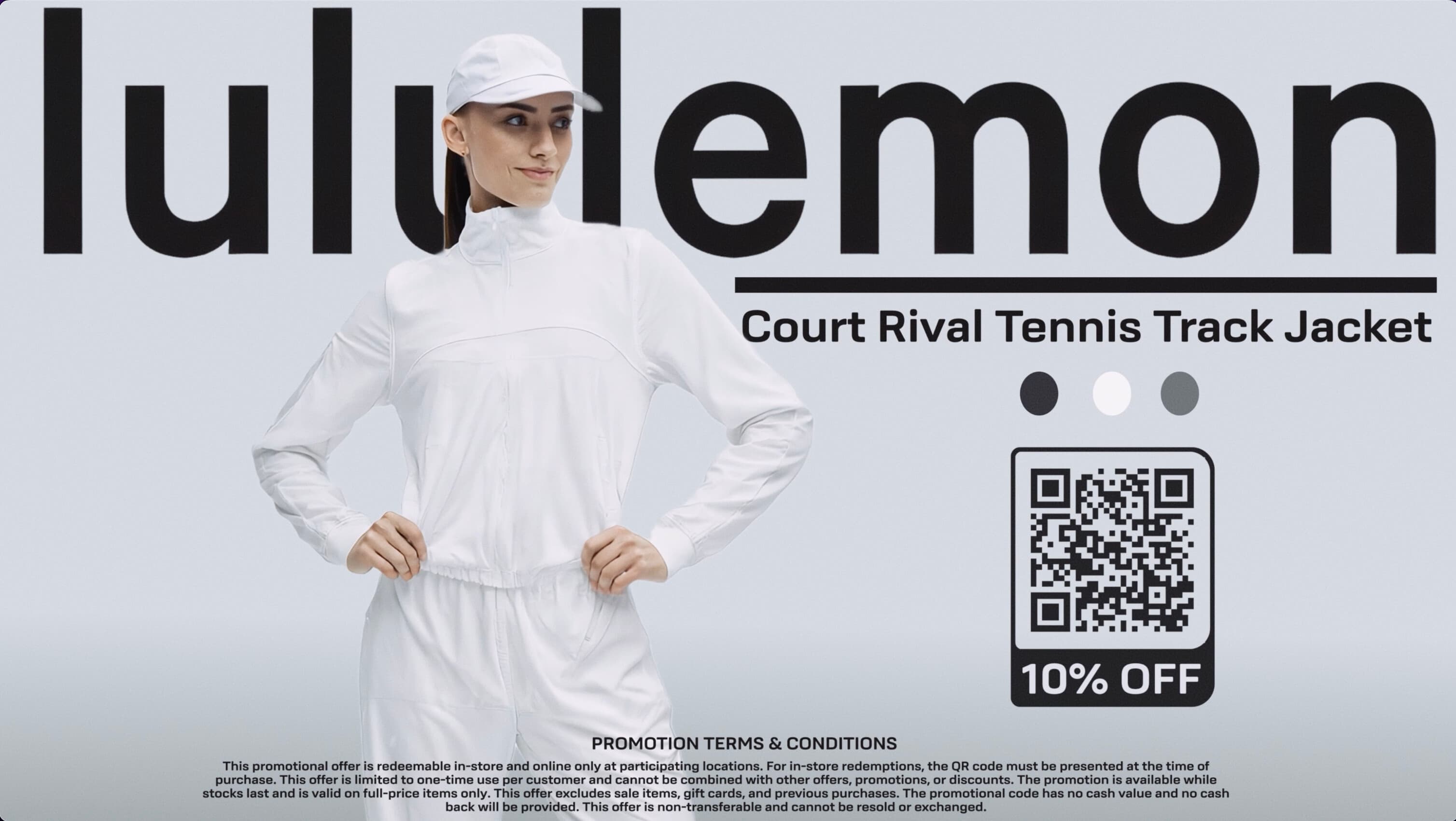 lululemon Court Rival Tennis Track Jacket promo: woman in tennis whites and cap