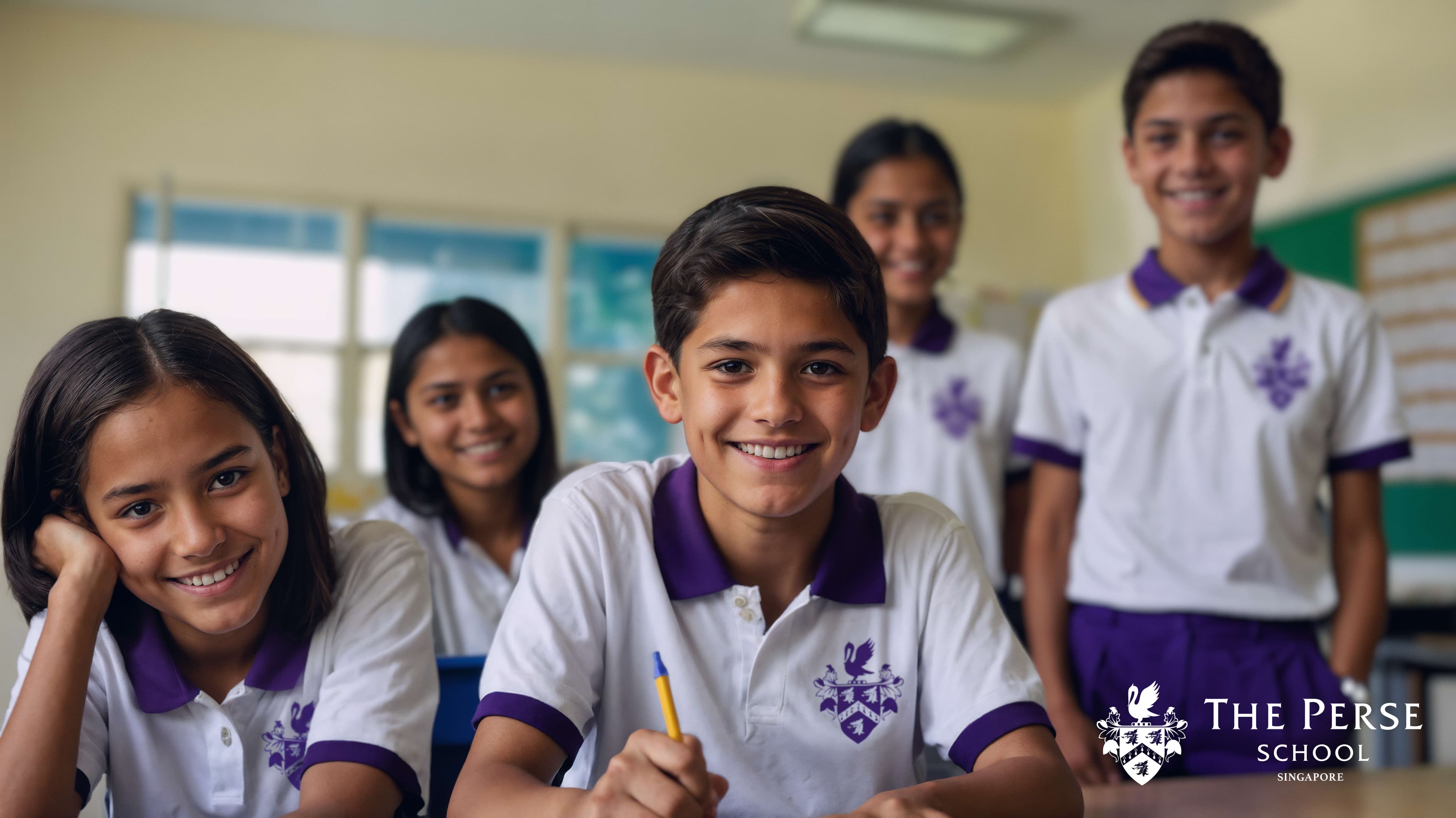 The Perse School Singapore: five uniformed pupils smiling at their classroom desks