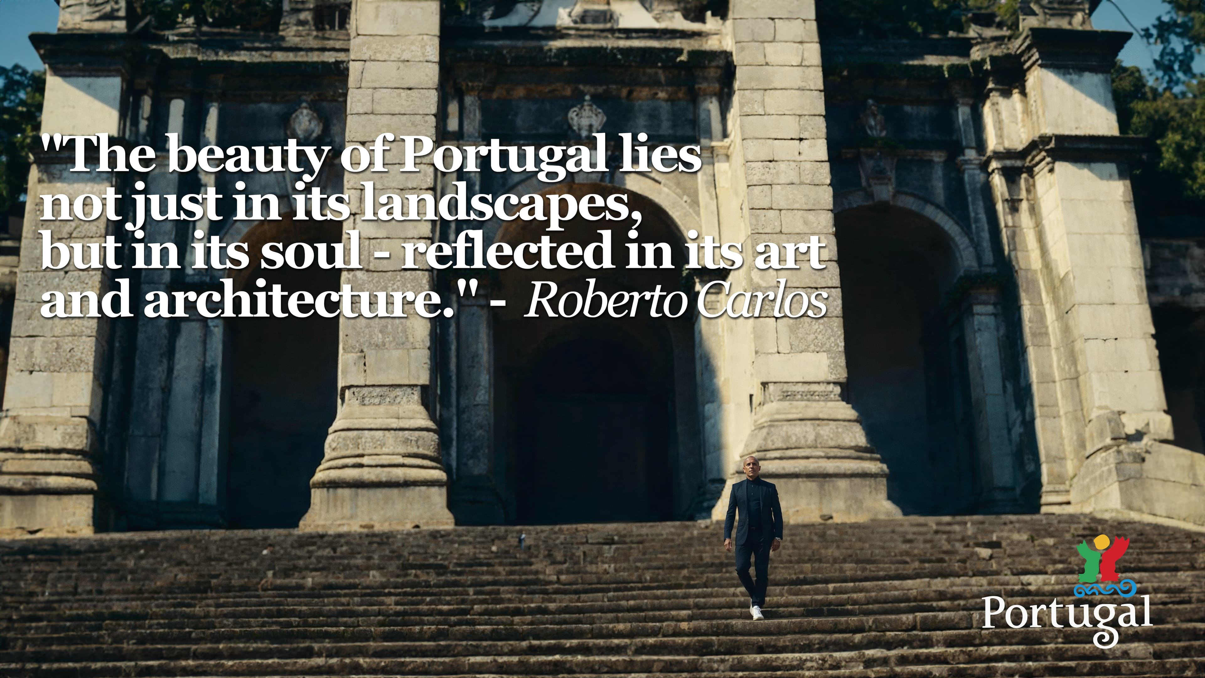 Visit Portugal: lone figure climbing a baroque stone stairway, Roberto Carlos quote overlaid