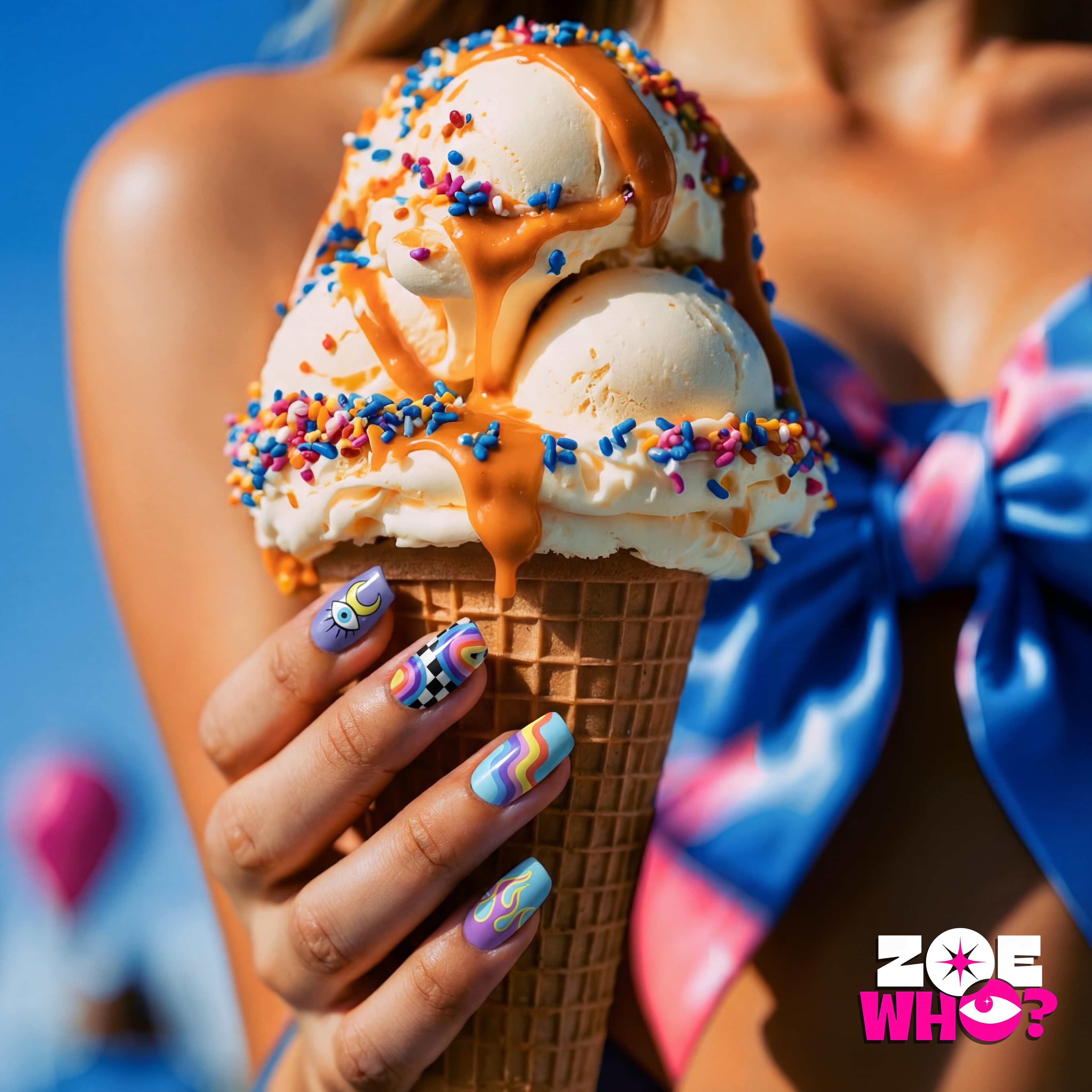 Zoe Who? nail art: hand with pastel rainbow nails holding a sprinkled ice cream cone