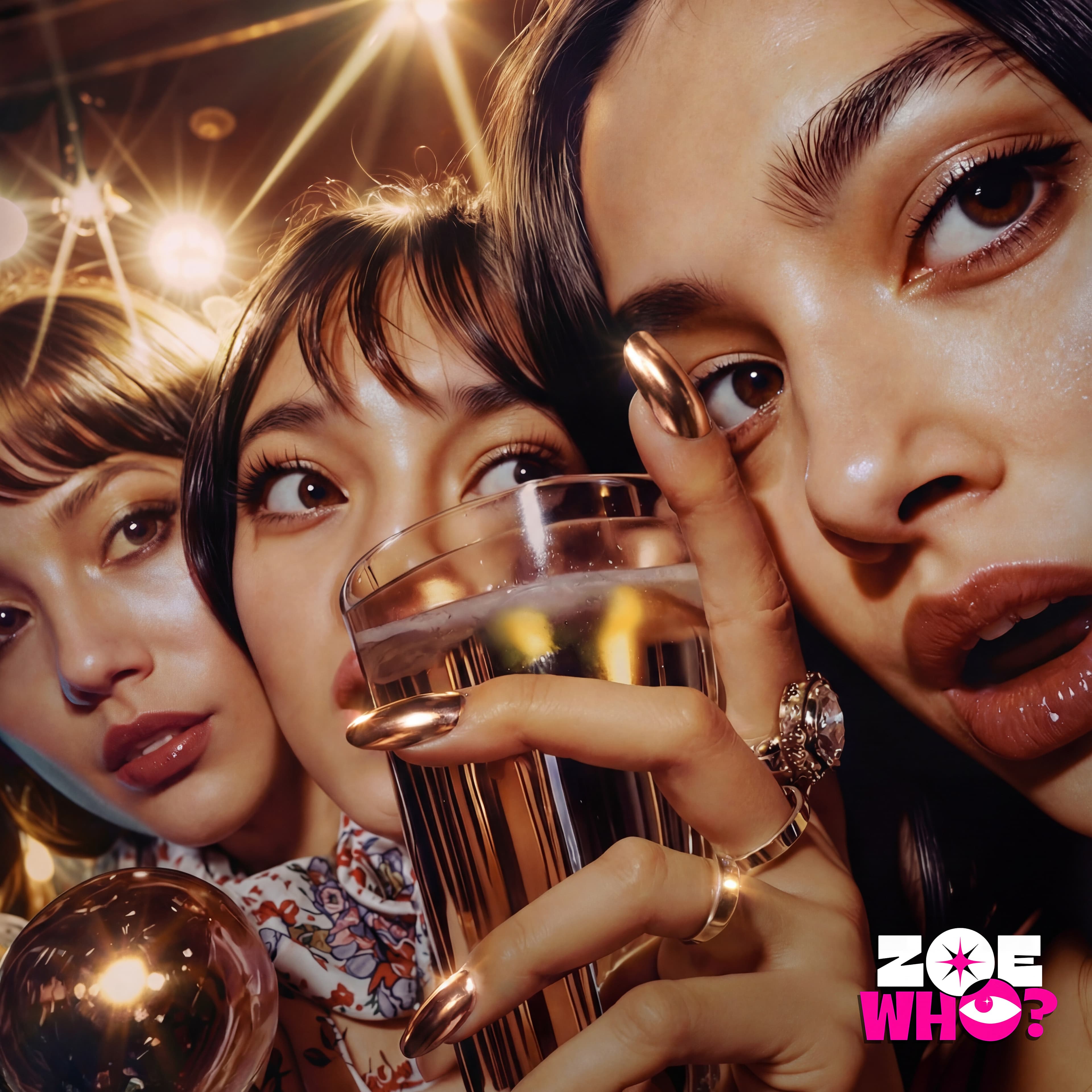 Zoe Who? nail art: three friends gathered close around a tall drinking glass under warm light