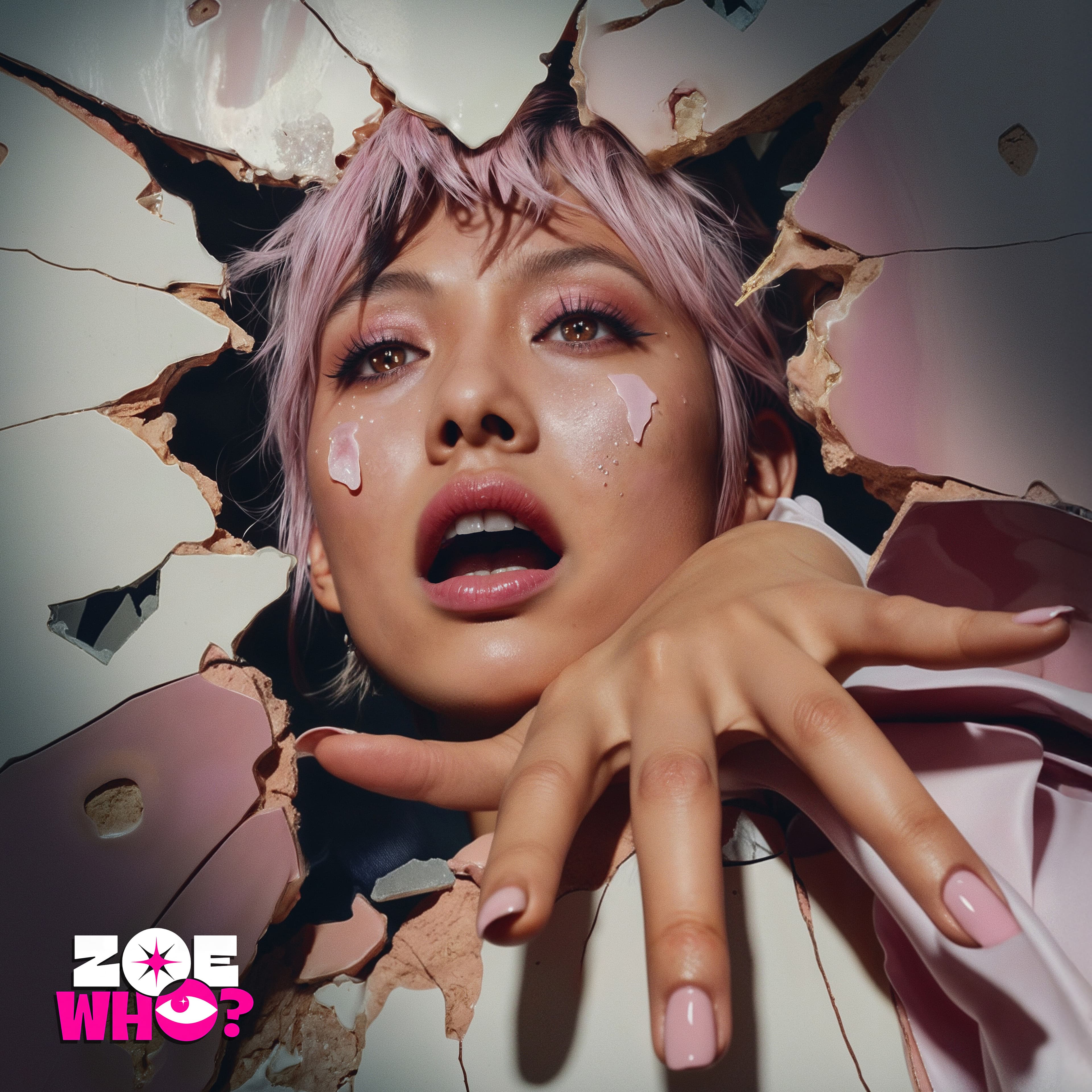 Zoe Who? nail art: pink-haired model breaking through a torn paper wall, nude nails