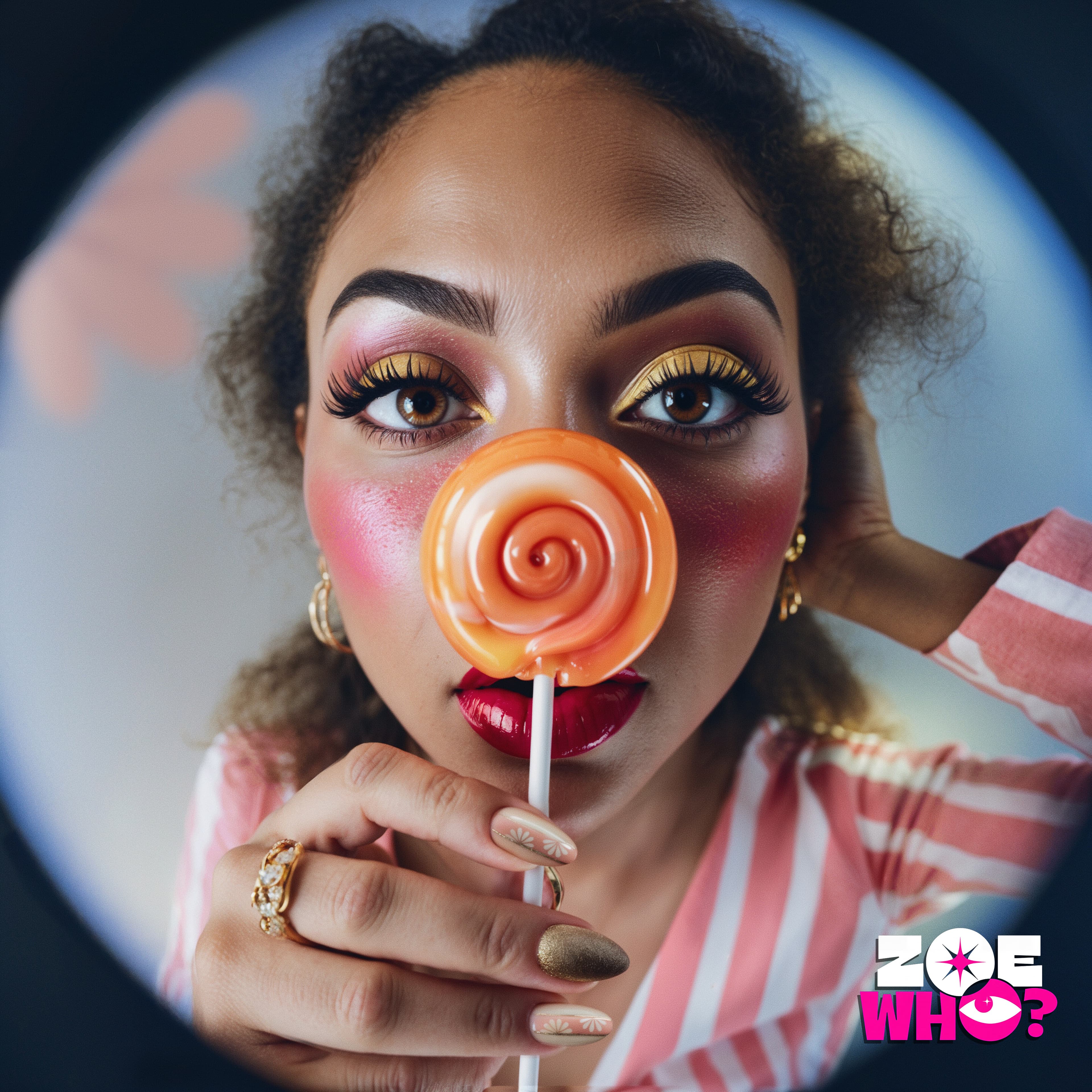 Zoe Who? nail art: model holding an orange swirl lollipop, coral eye makeup