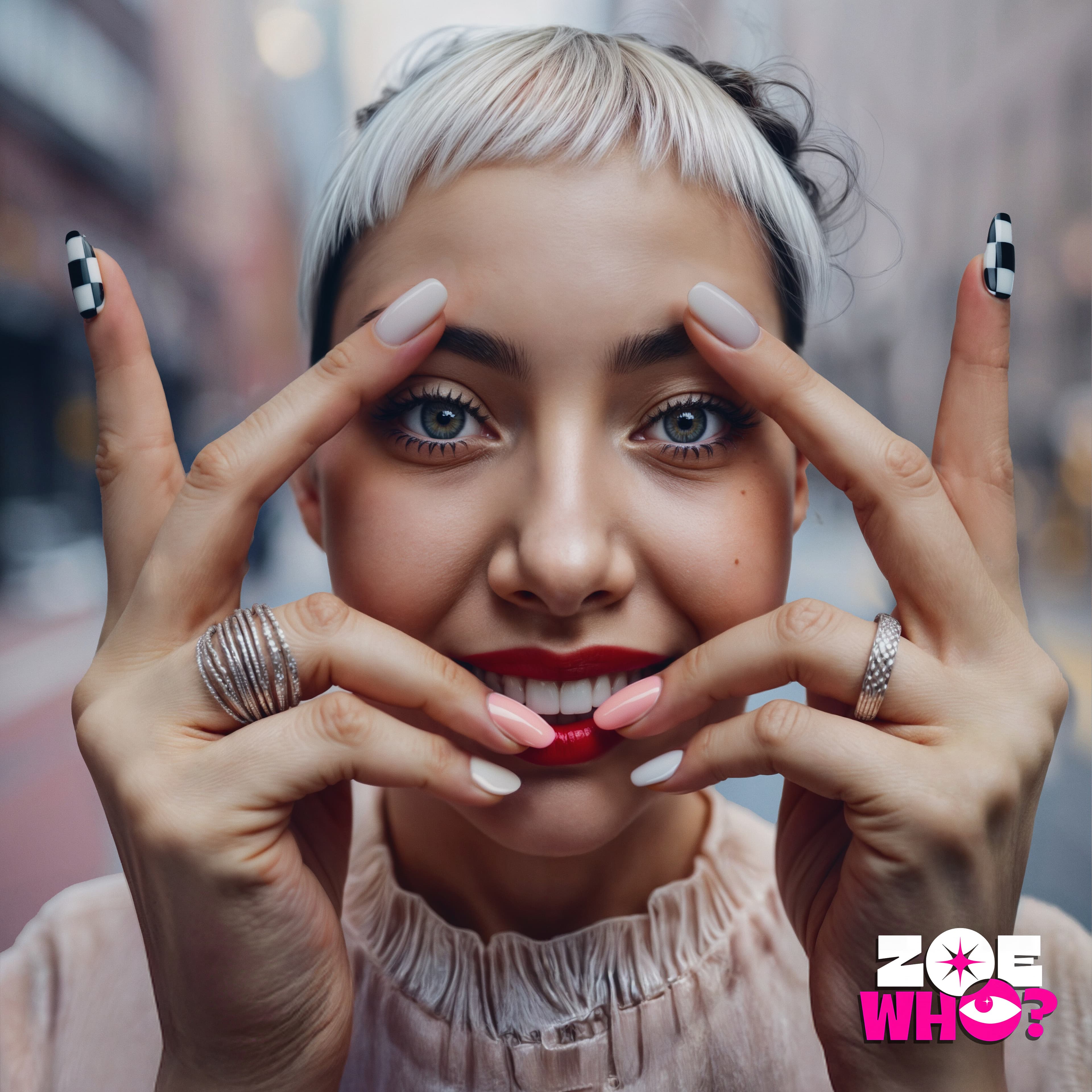 Zoe Who? nail art: model framing her face with her hands, pale nails and silver rings
