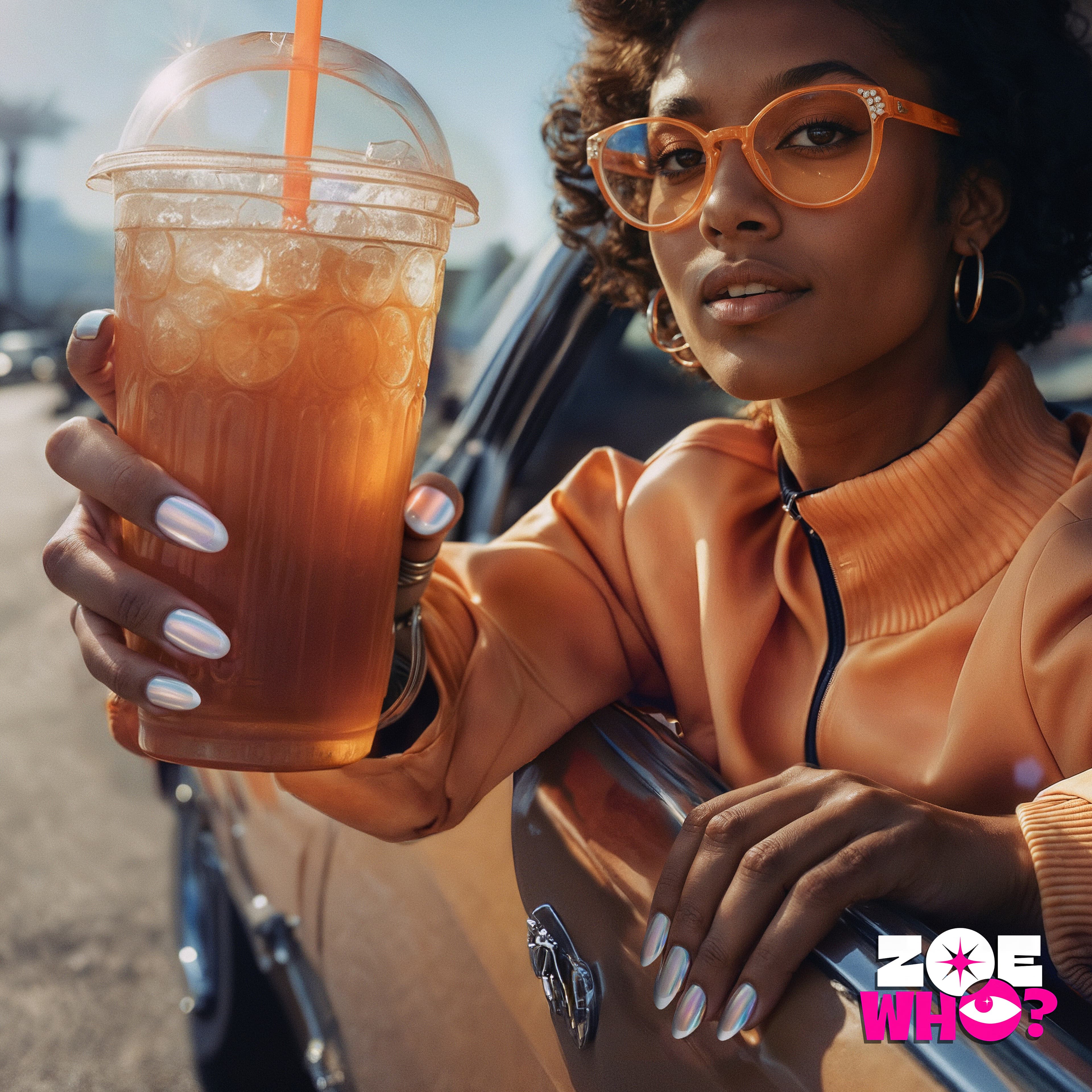Zoe Who? nail art: woman in orange holding an iced drink beside a car