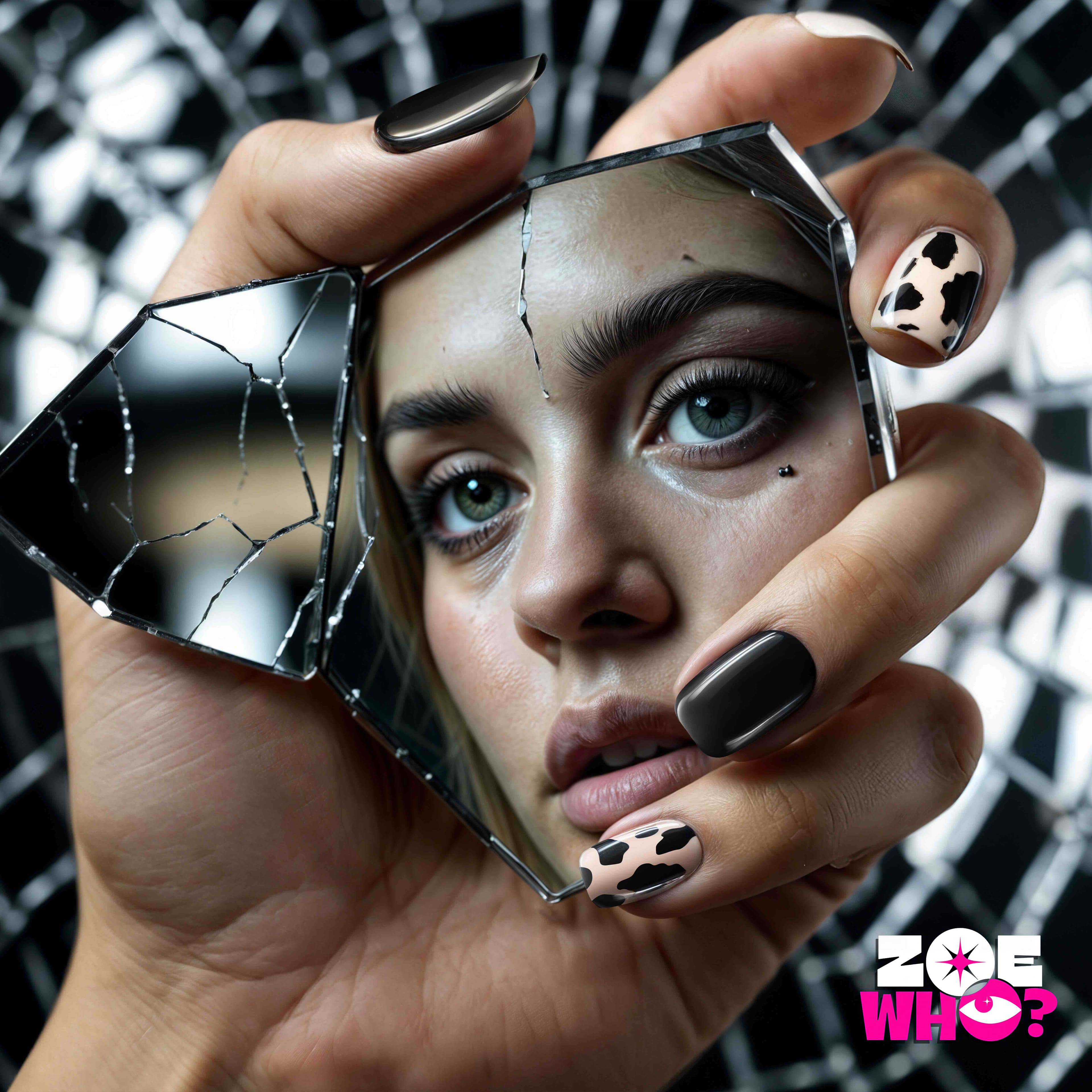 Zoe Who? nail art: face reflected in a shard of broken mirror held by cow-print nails