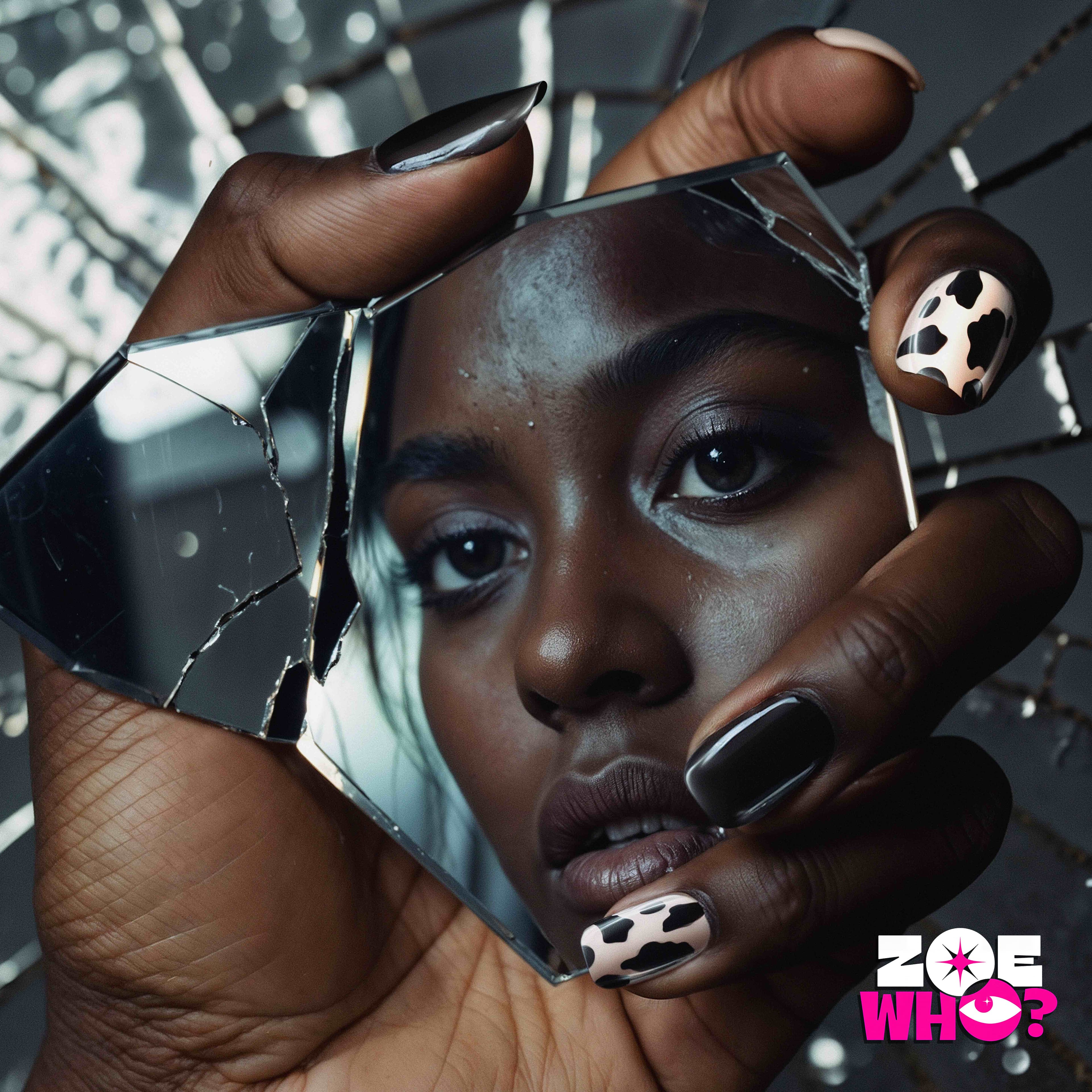 Zoe Who? nail art: face reflected in a broken mirror shard, dark and cow-print nails
