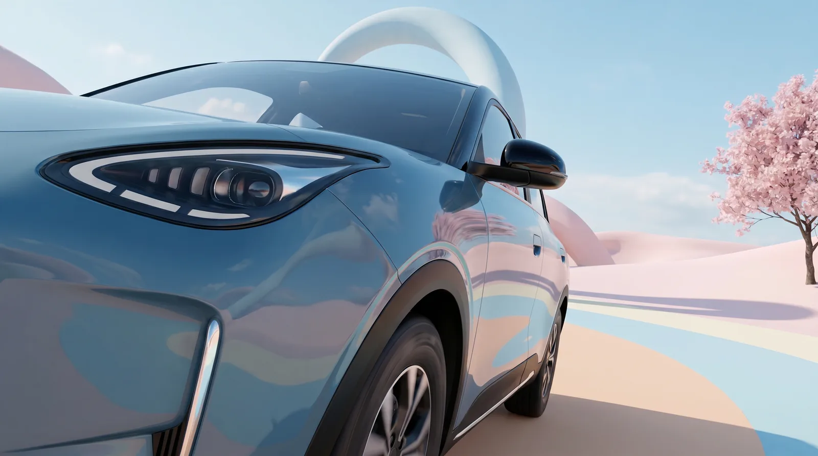 Steel-blue front-quarter detail in a pastel dreamscape