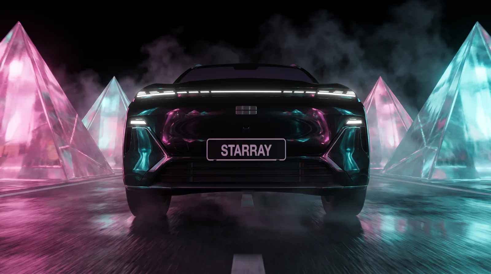 Black Starray head-on among glowing crystal pyramids