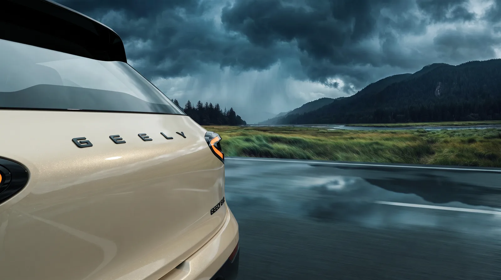 Tailgate detail against a storm front over a mountain lake