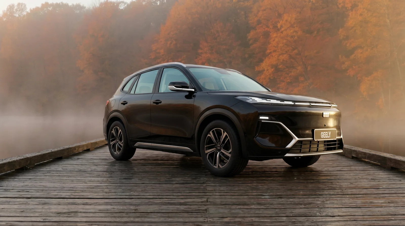 Black SUV on a misty timber bridge in autumn forest