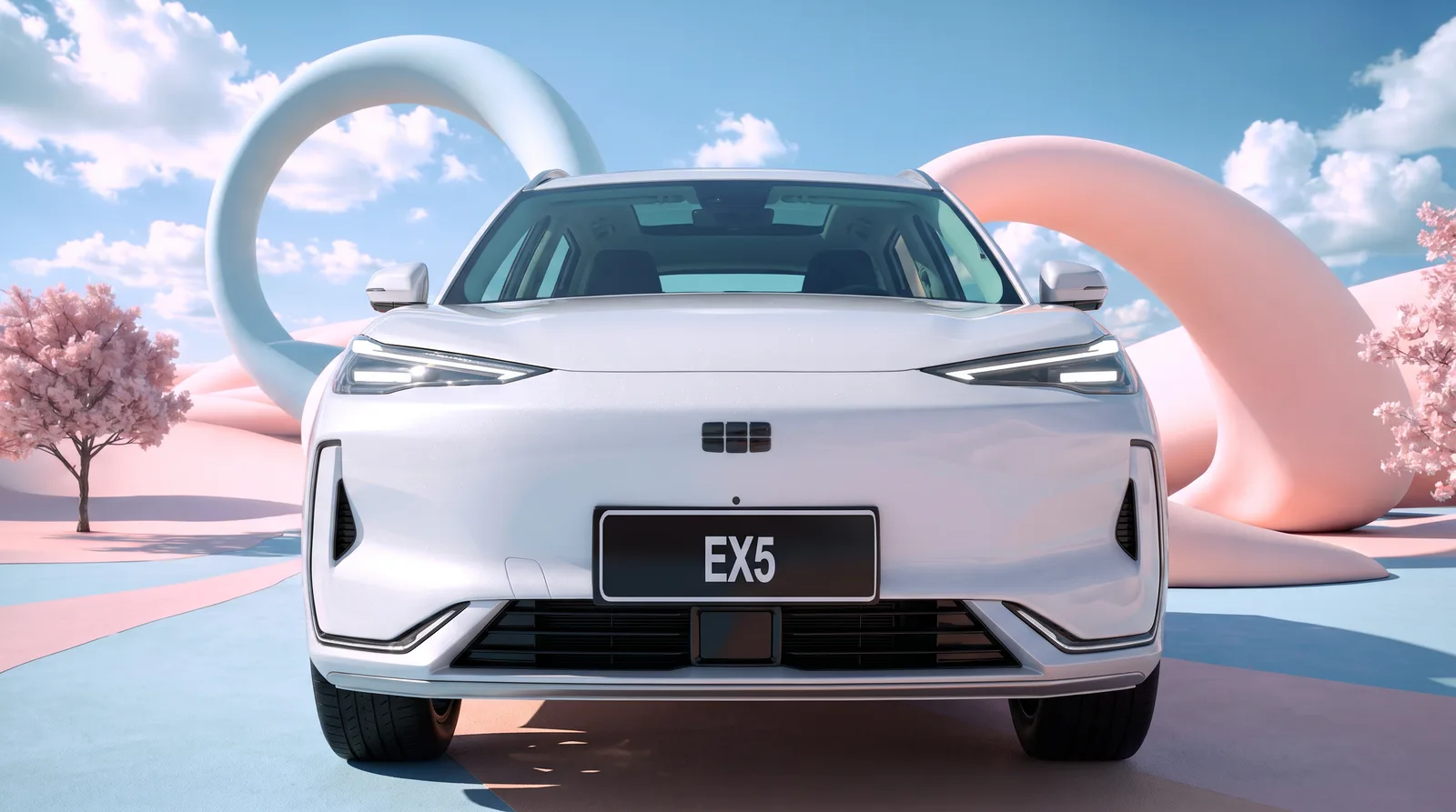 White EX5 head-on in a pastel sculpture world