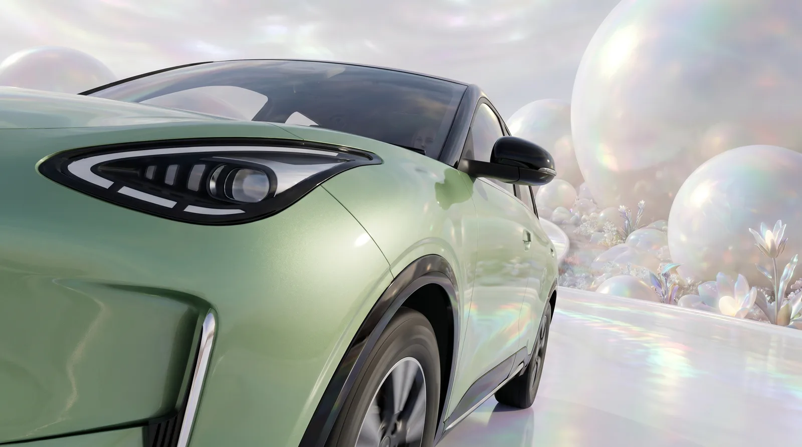 Sage-green front-quarter detail in an iridescent bubble field