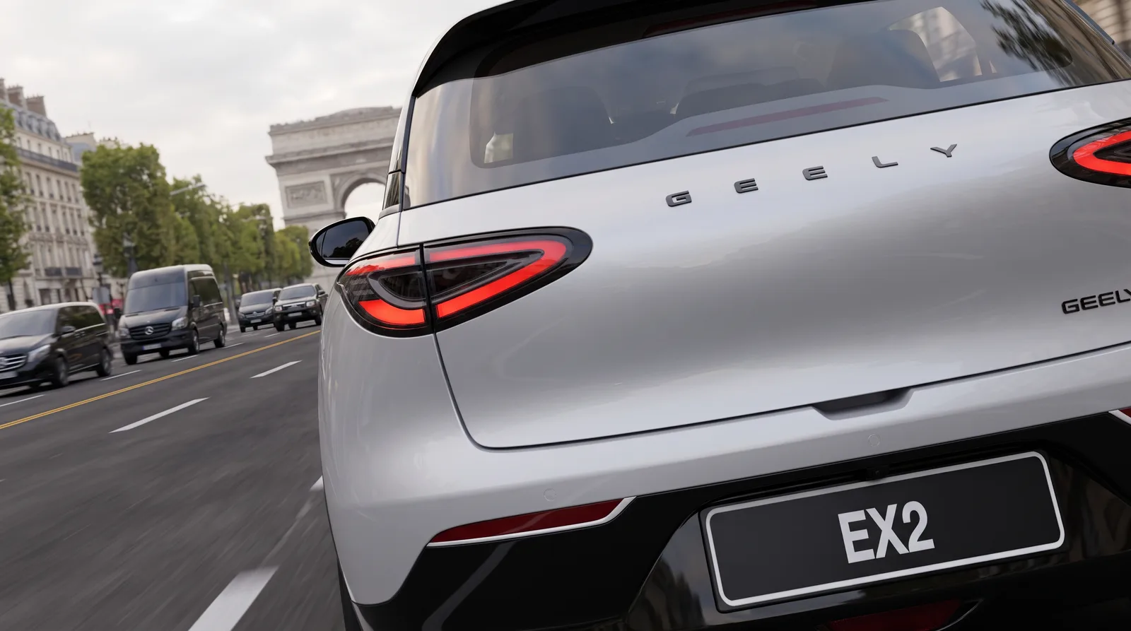 Rear detail of a silver EX2 on a Paris avenue