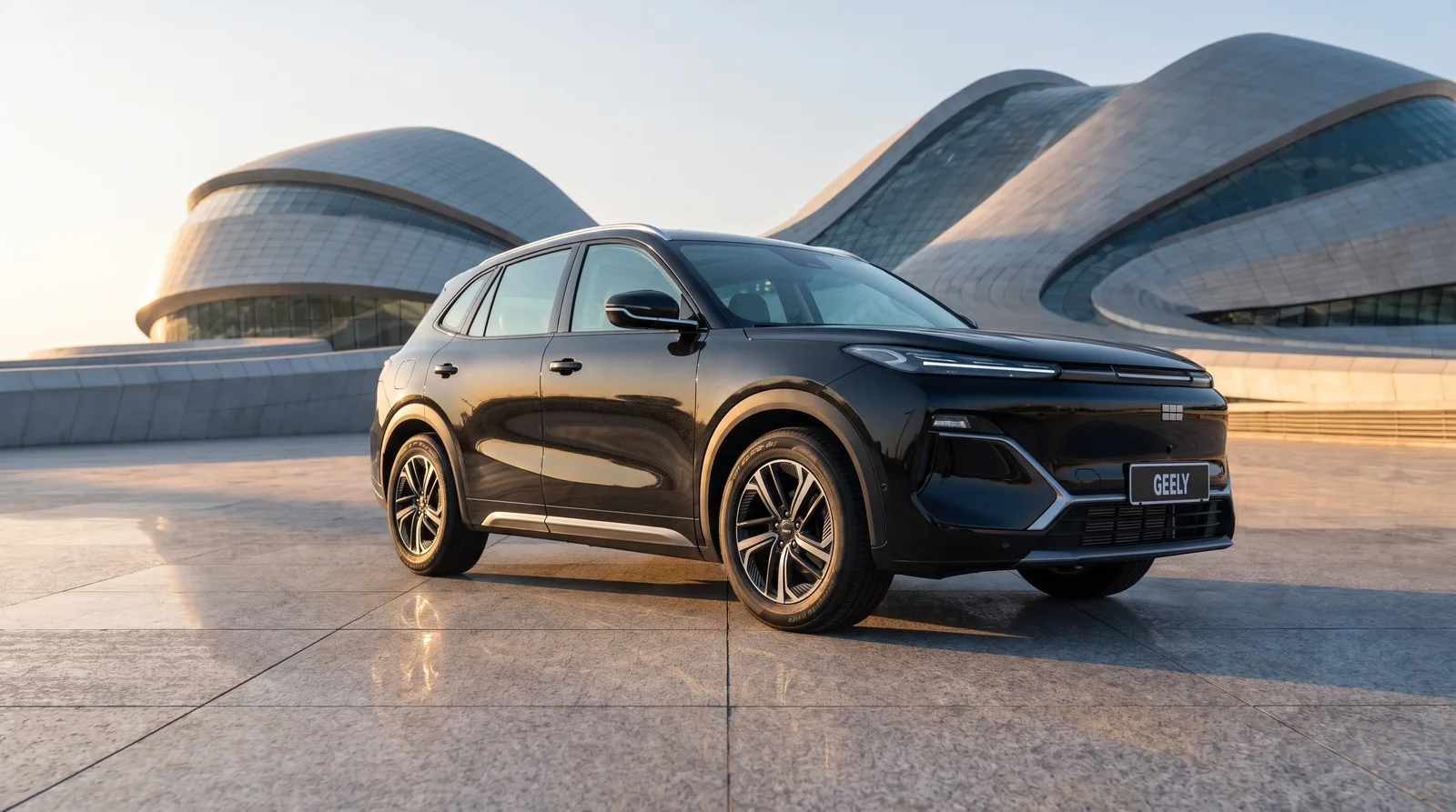 Black SUV parked before curved white architecture at sunset