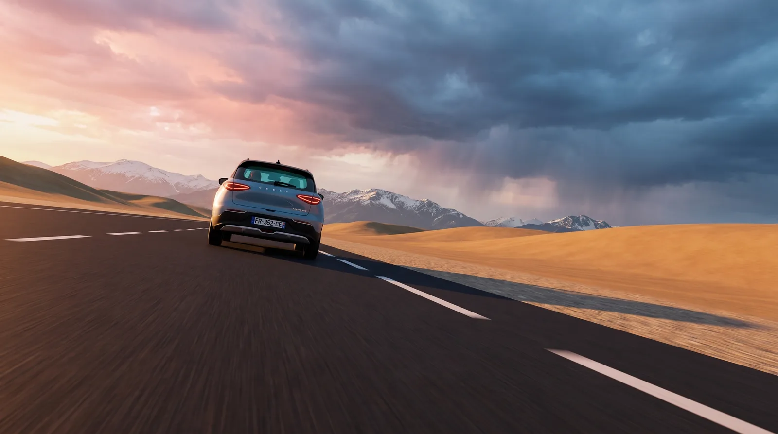 Wide rear view on a desert highway under a breaking storm