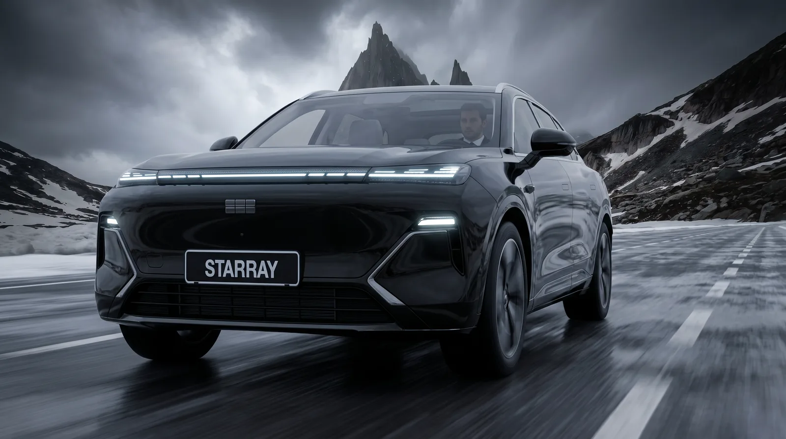 Black Starray running an alpine pass under storm light