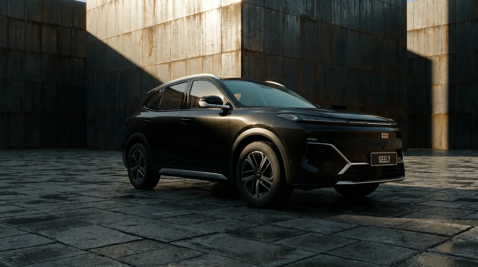Black SUV in a brutalist concrete courtyard under hard sun